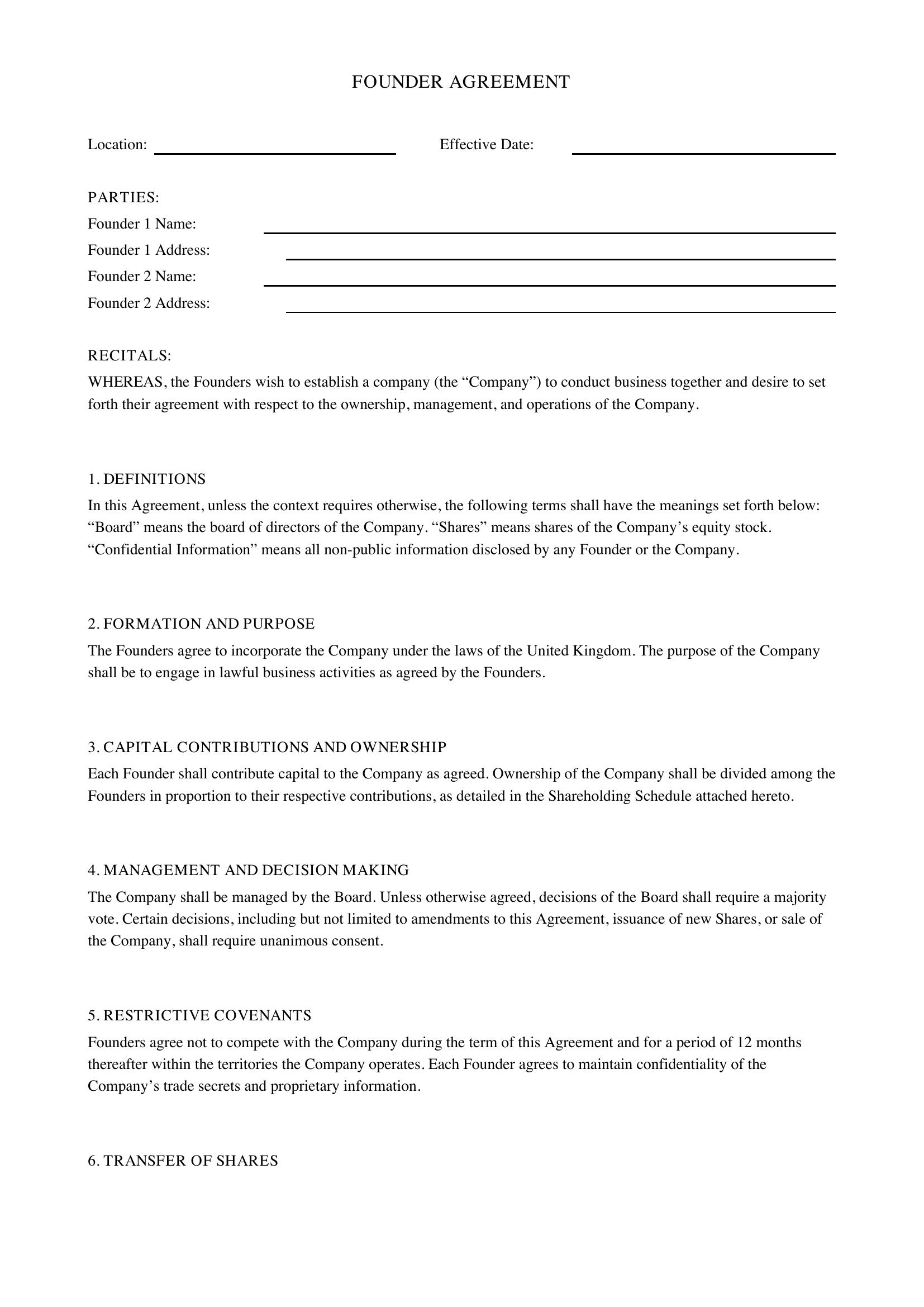 Founder Agreement Template - UK