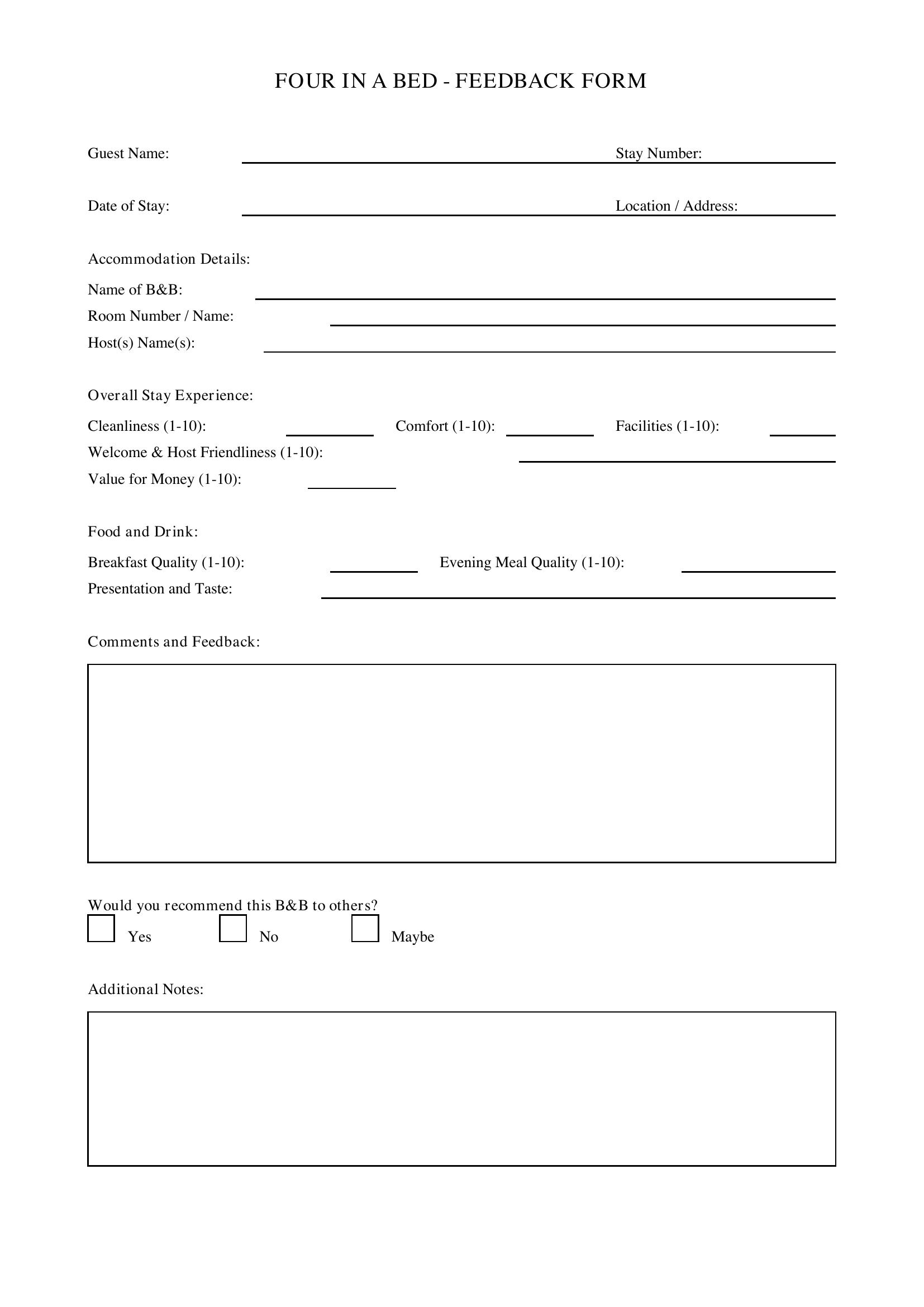 Four In A Bed Feedback Form Template - UK
