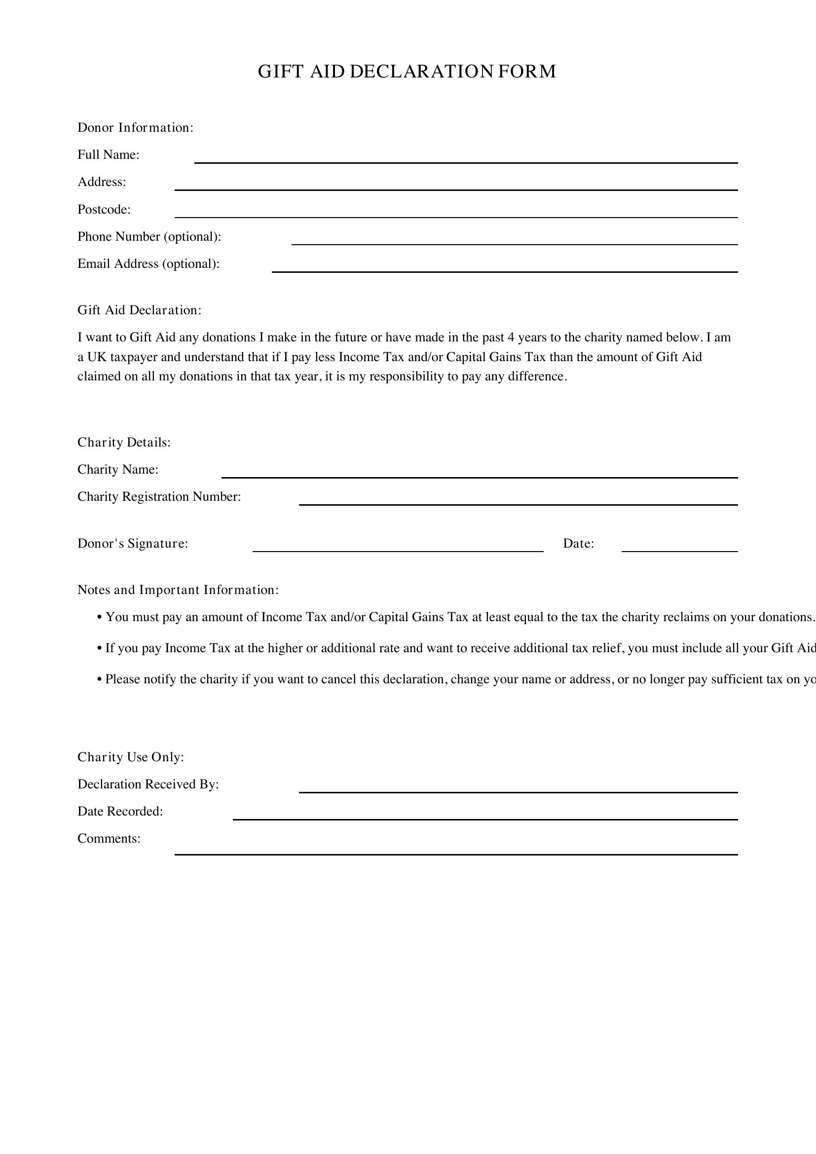 Gift Aid Form Template - UK