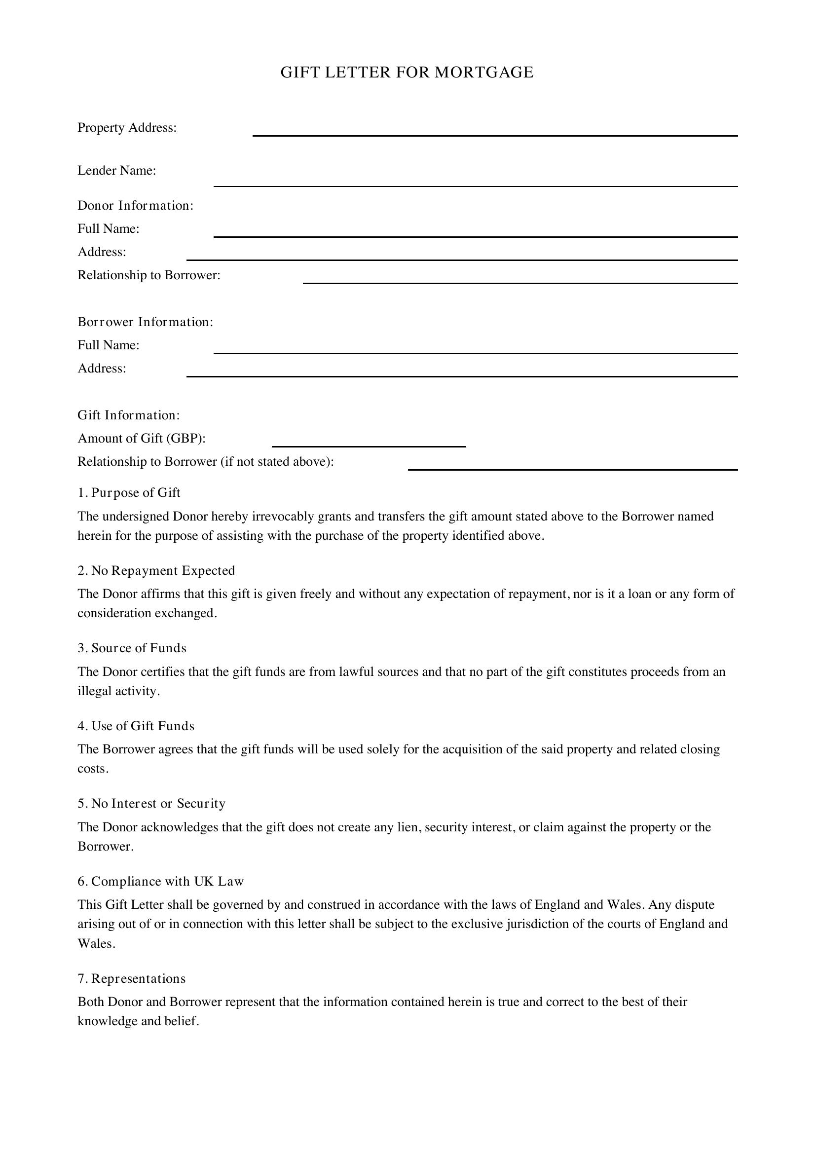 Gift Letter For Mortgage Template - UK