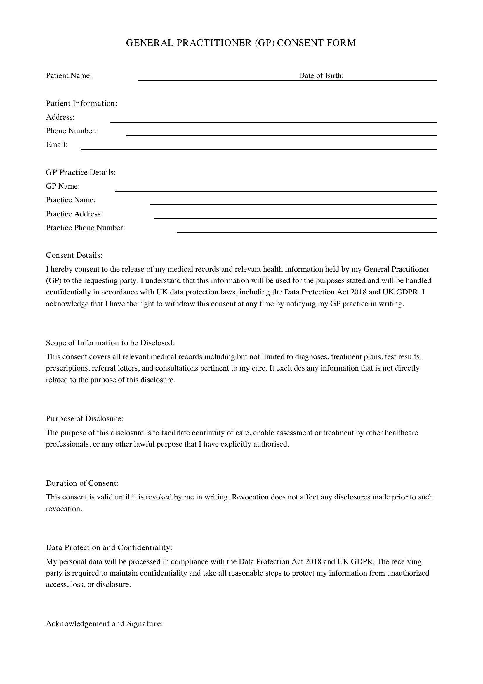 Gp Consent Form Template - UK