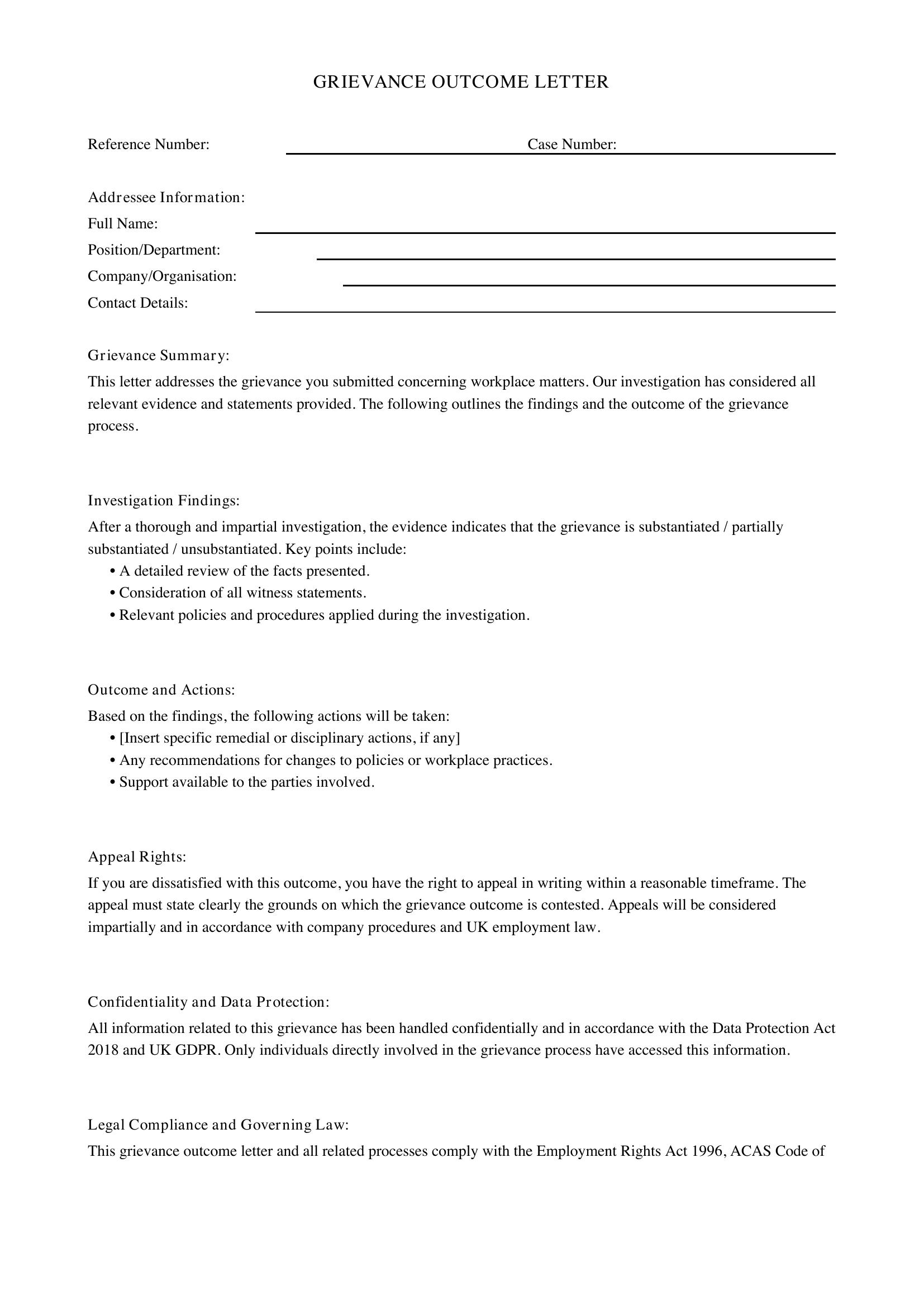 Grievance Outcome Letter Template - UK