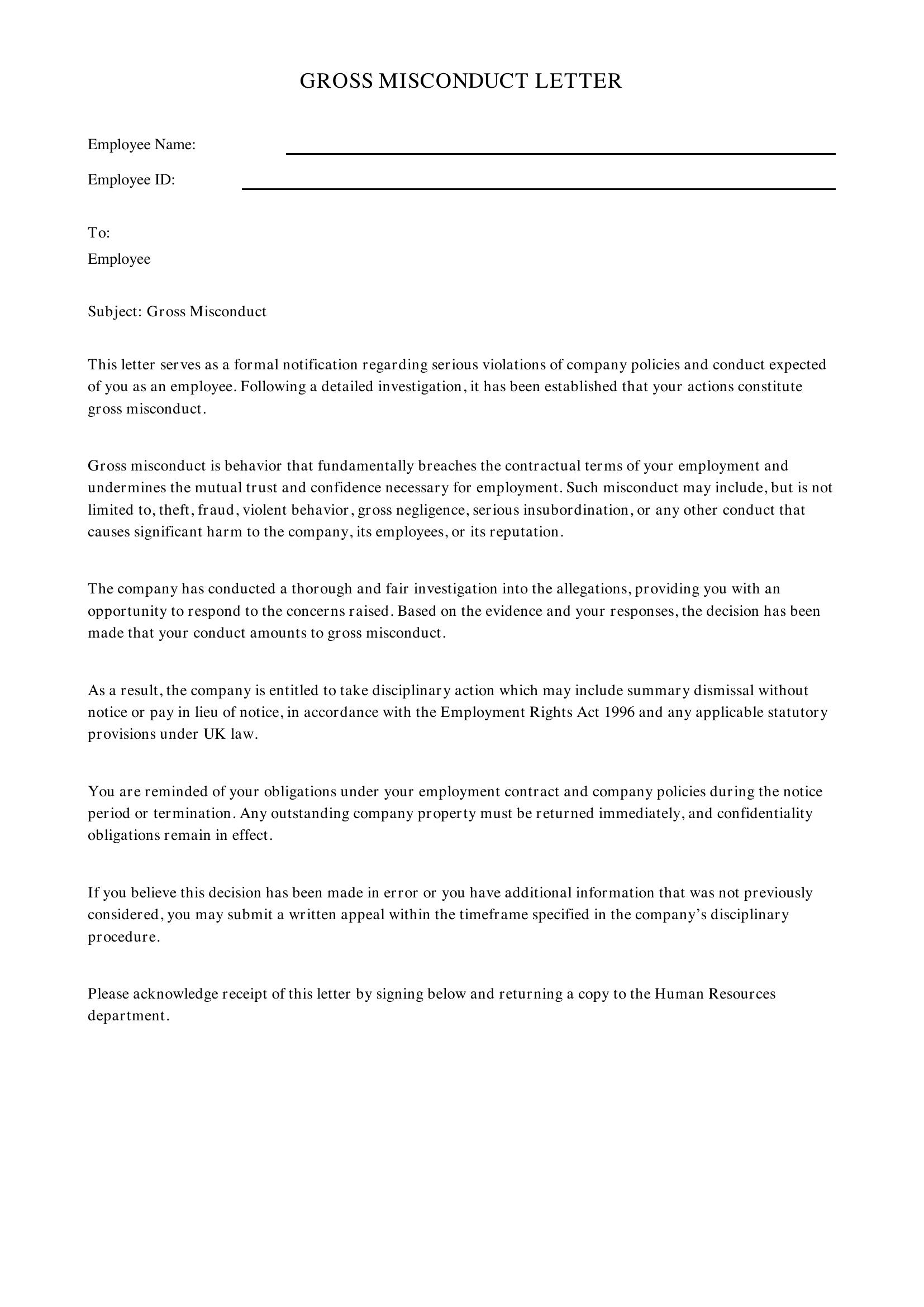 Gross Misconduct Letter Template - UK
