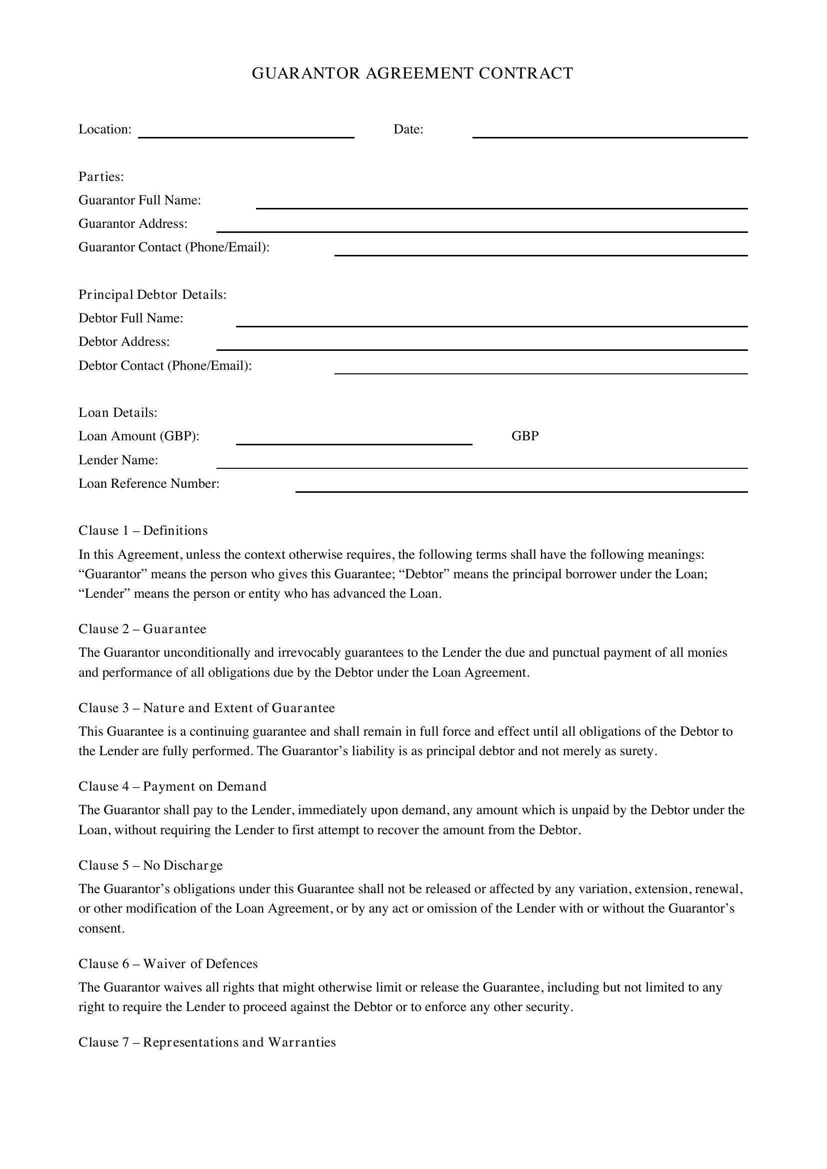 Guarantor Contract Template - UK