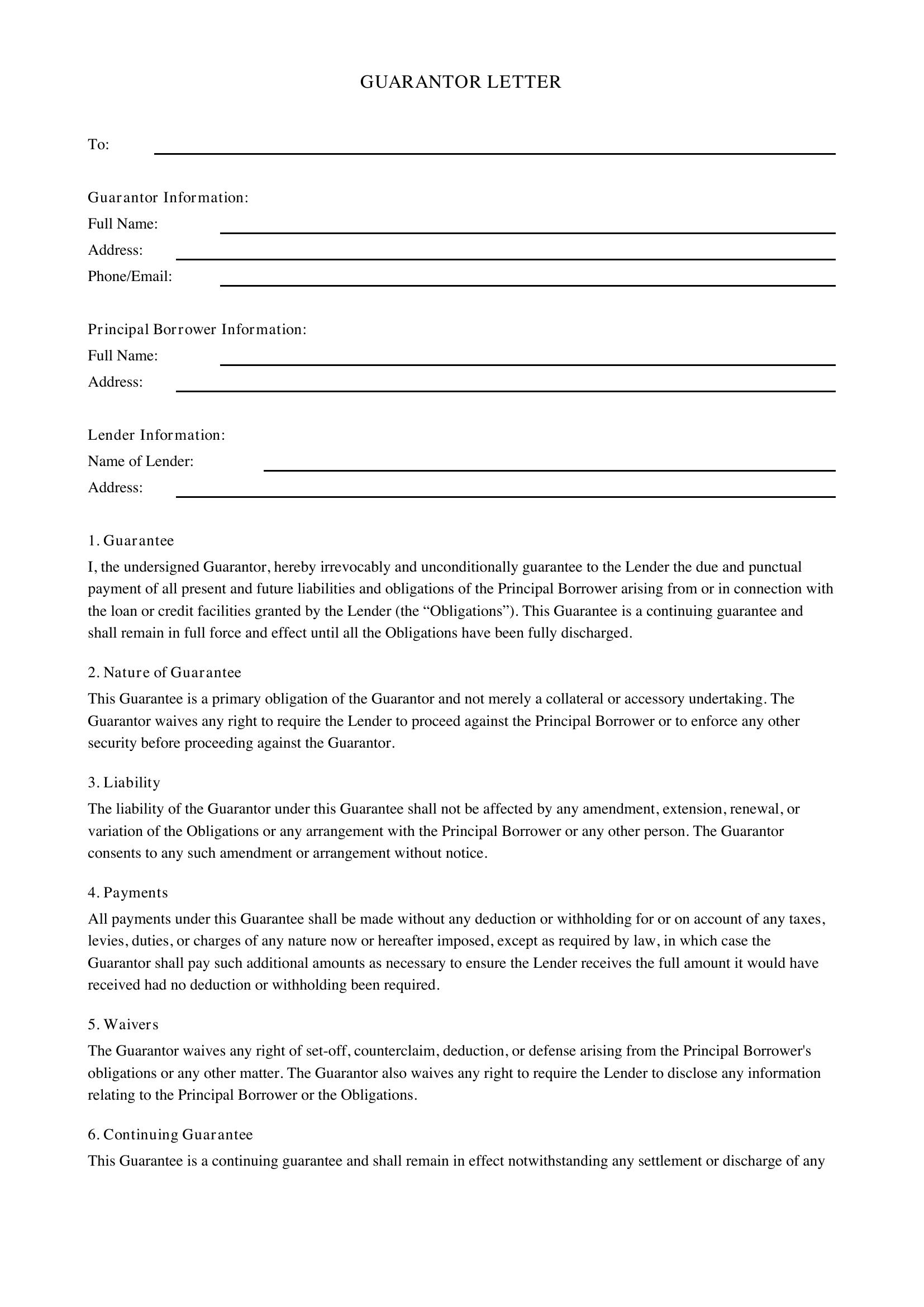 Guarantor Letter Template - UK