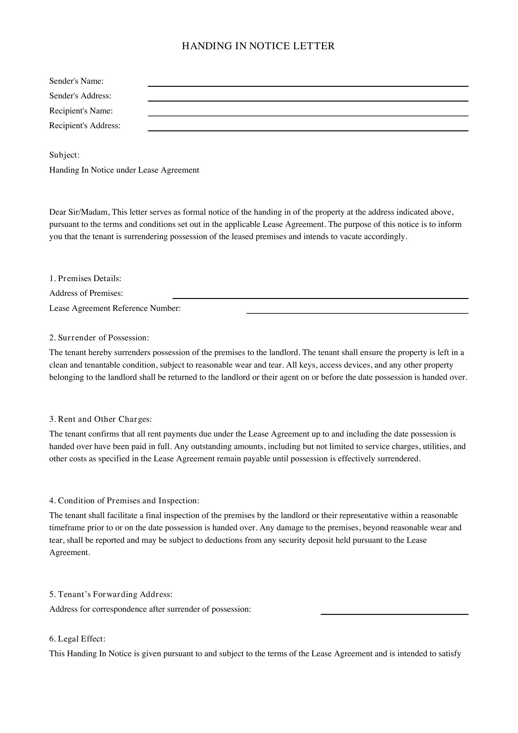 Handing In Notice Letter Template - UK
