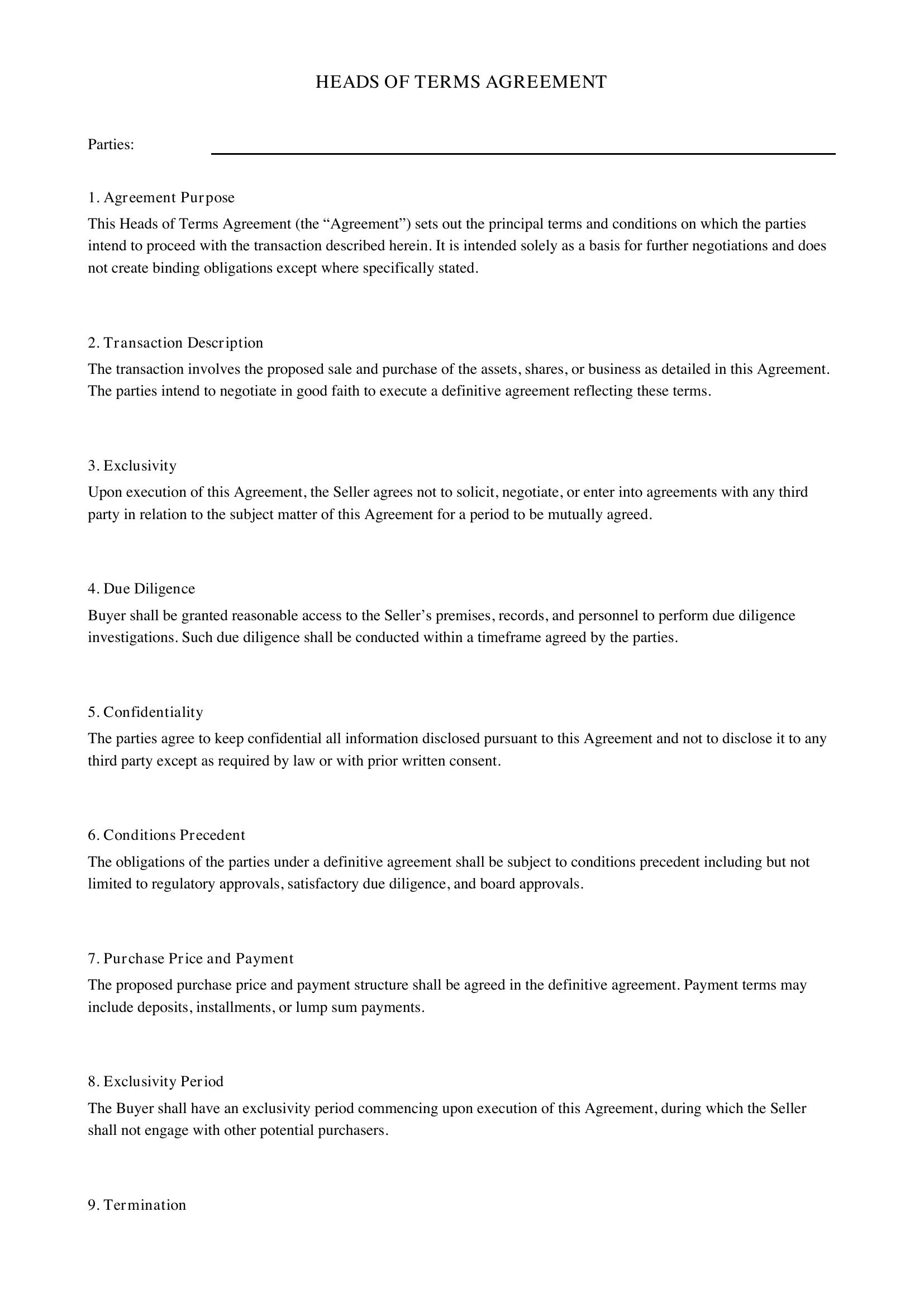 Heads Of Terms Agreement Template - UK
