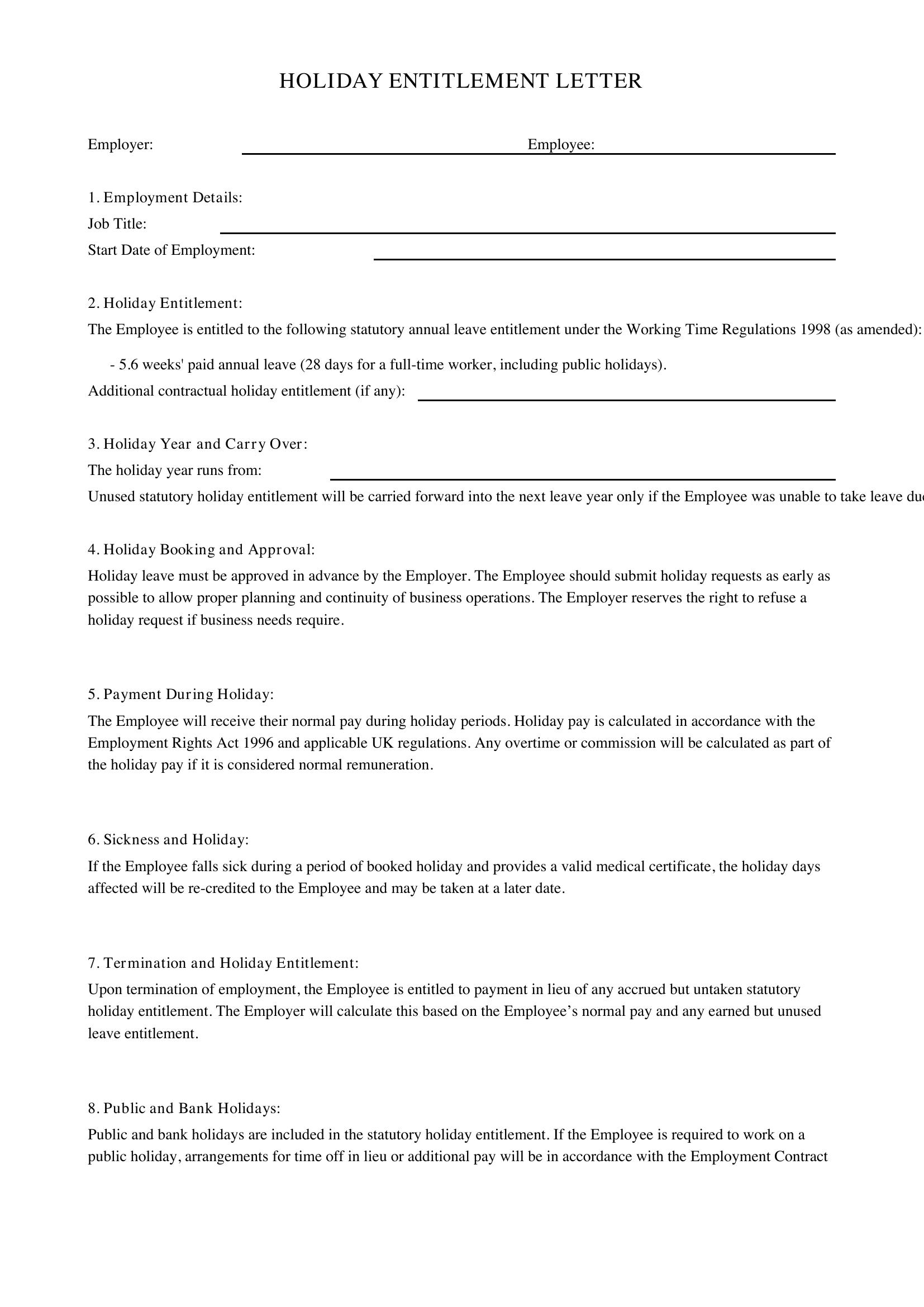 Holiday Entitlement Letter Template - UK