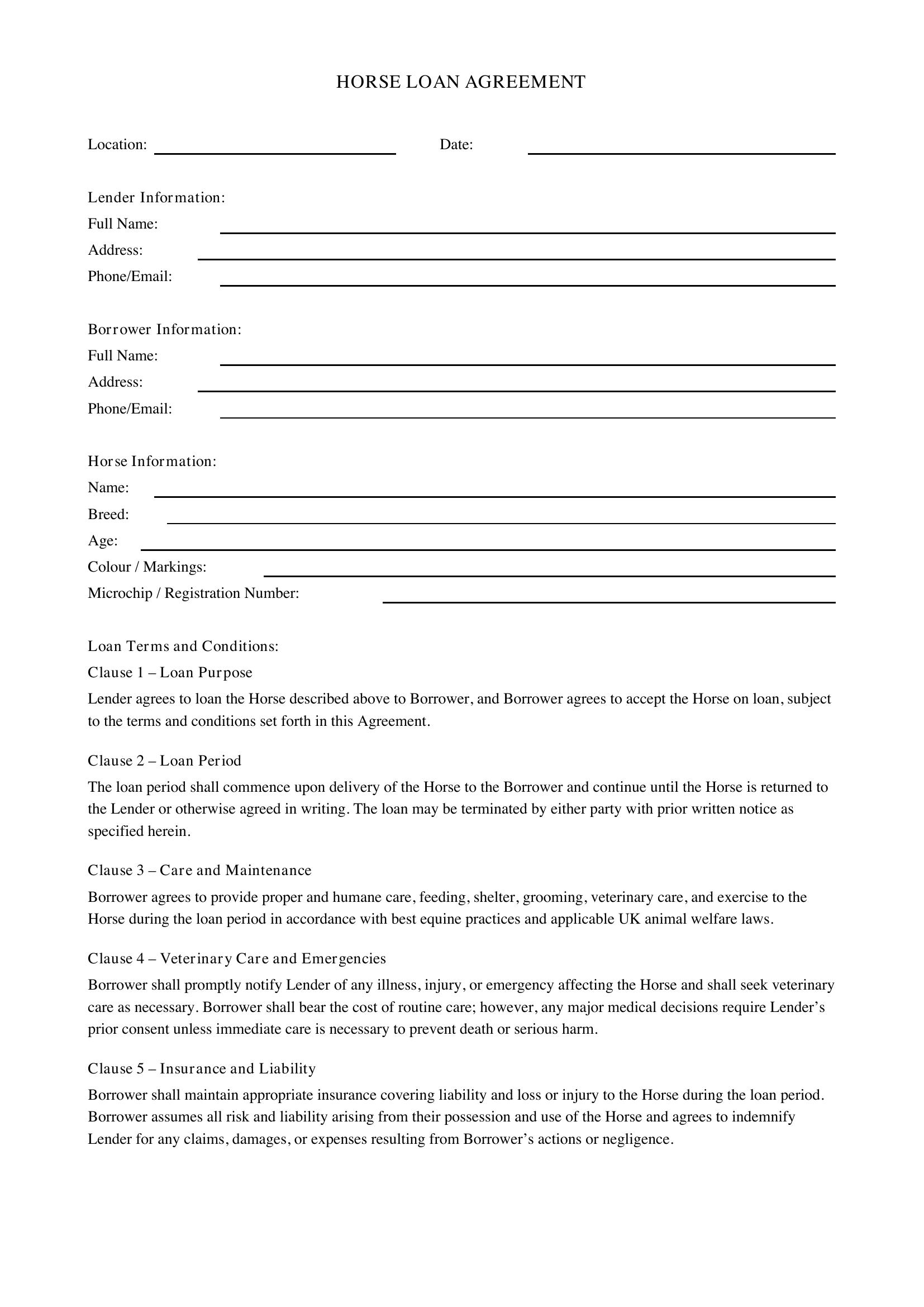 Horse Loan Agreement Template - UK