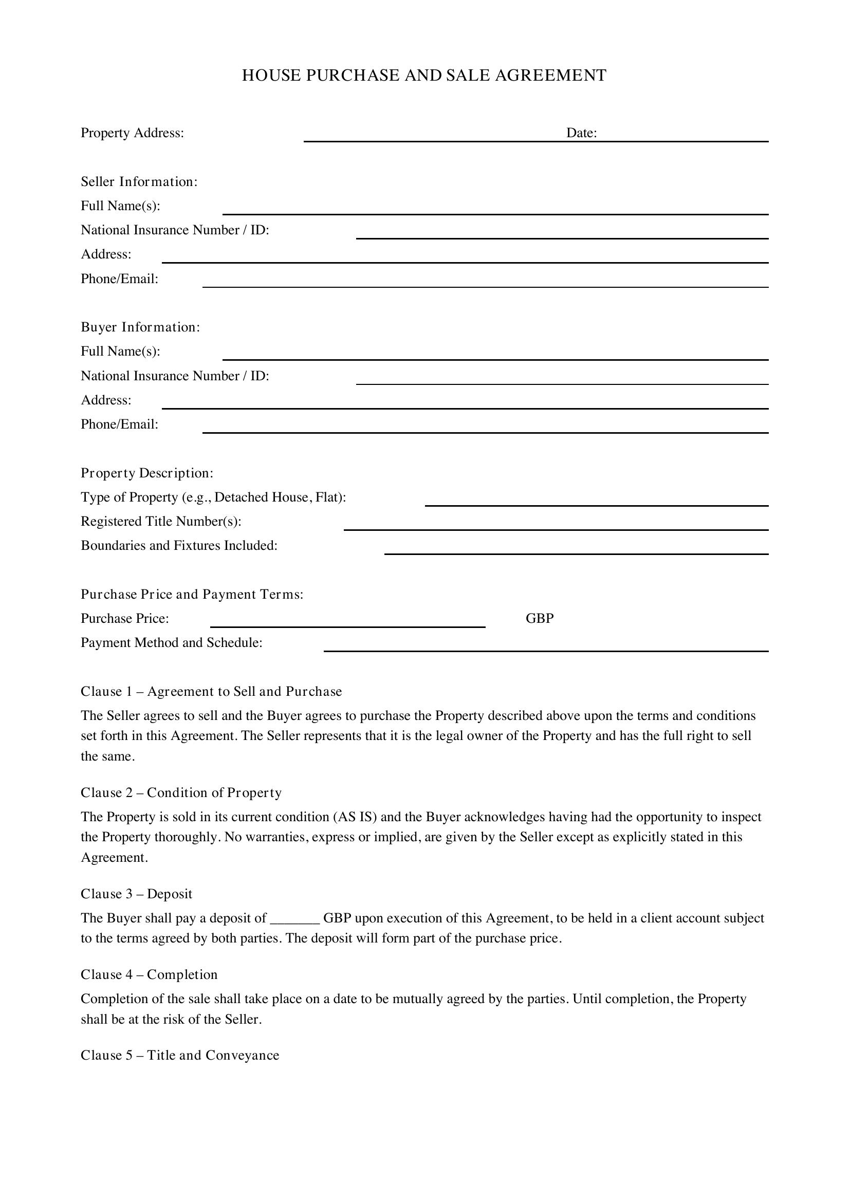 House Contract Template - UK