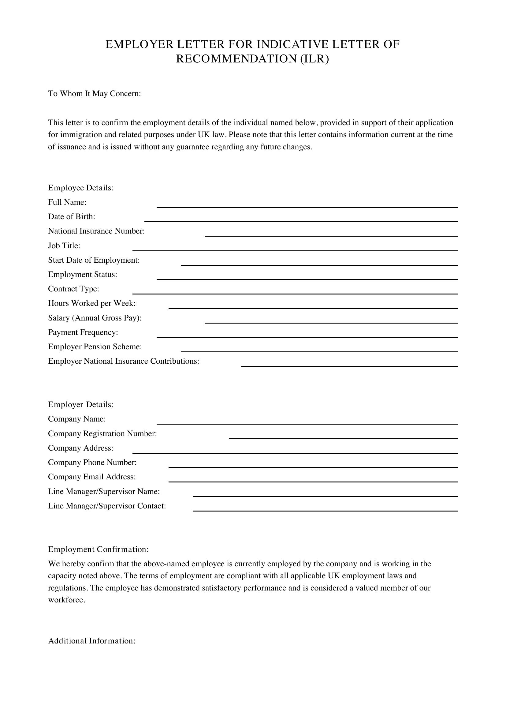 Ilr Employer Letter Template - UK