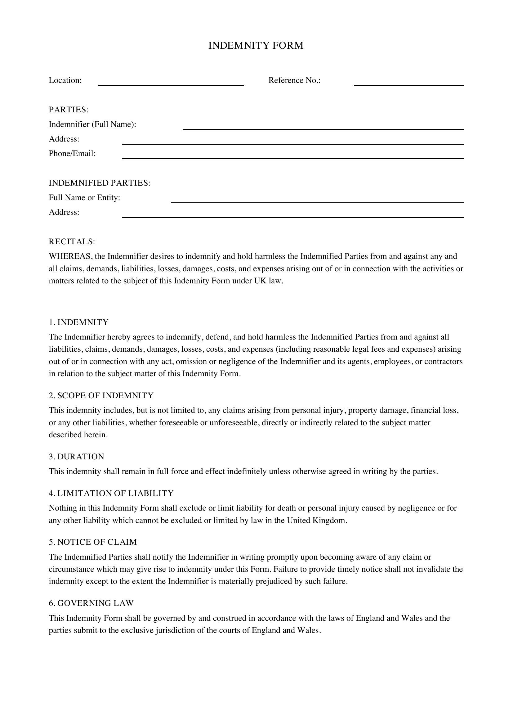 Indemnity Form Template - UK