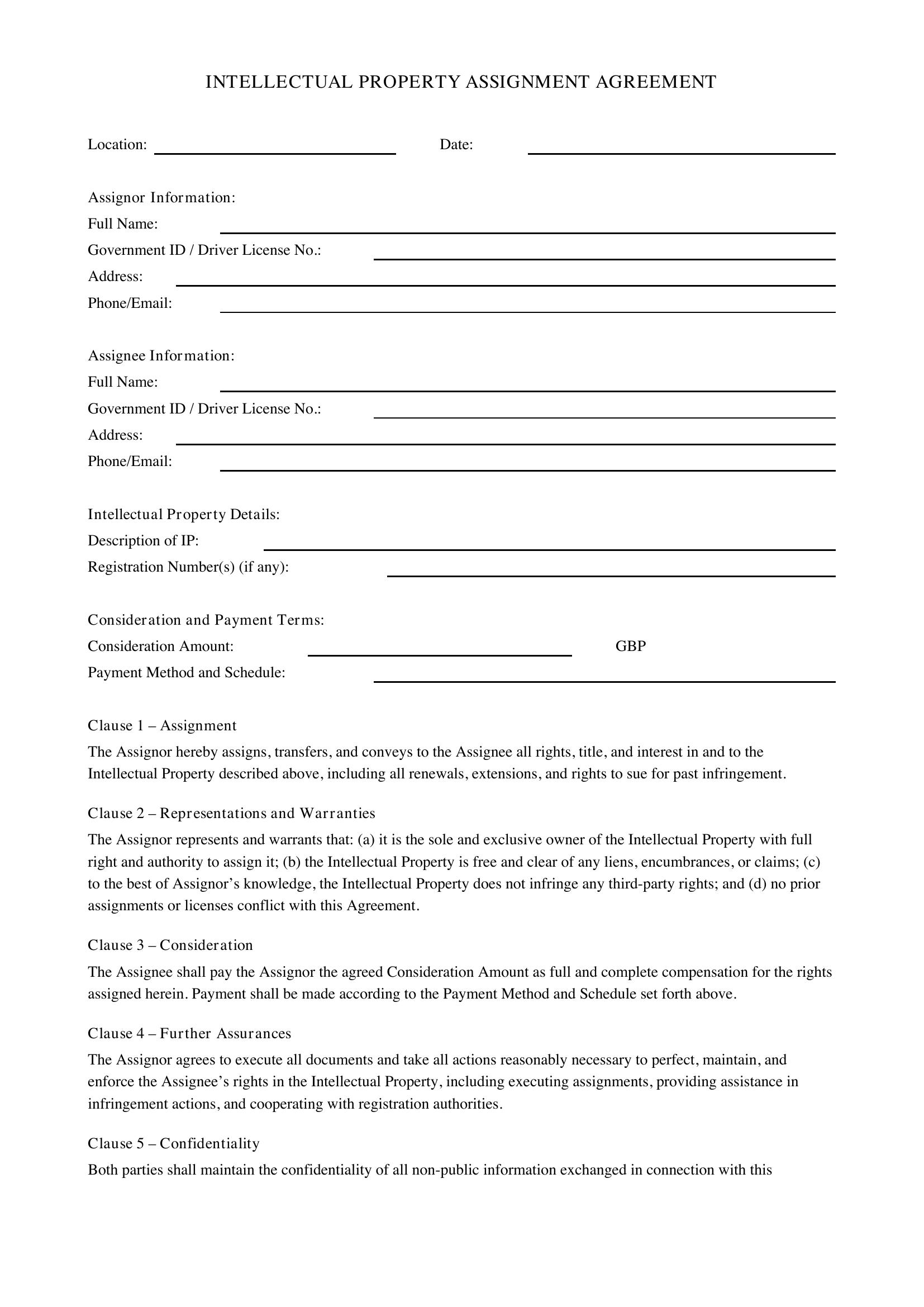 Intellectual Property Agreement Template - UK