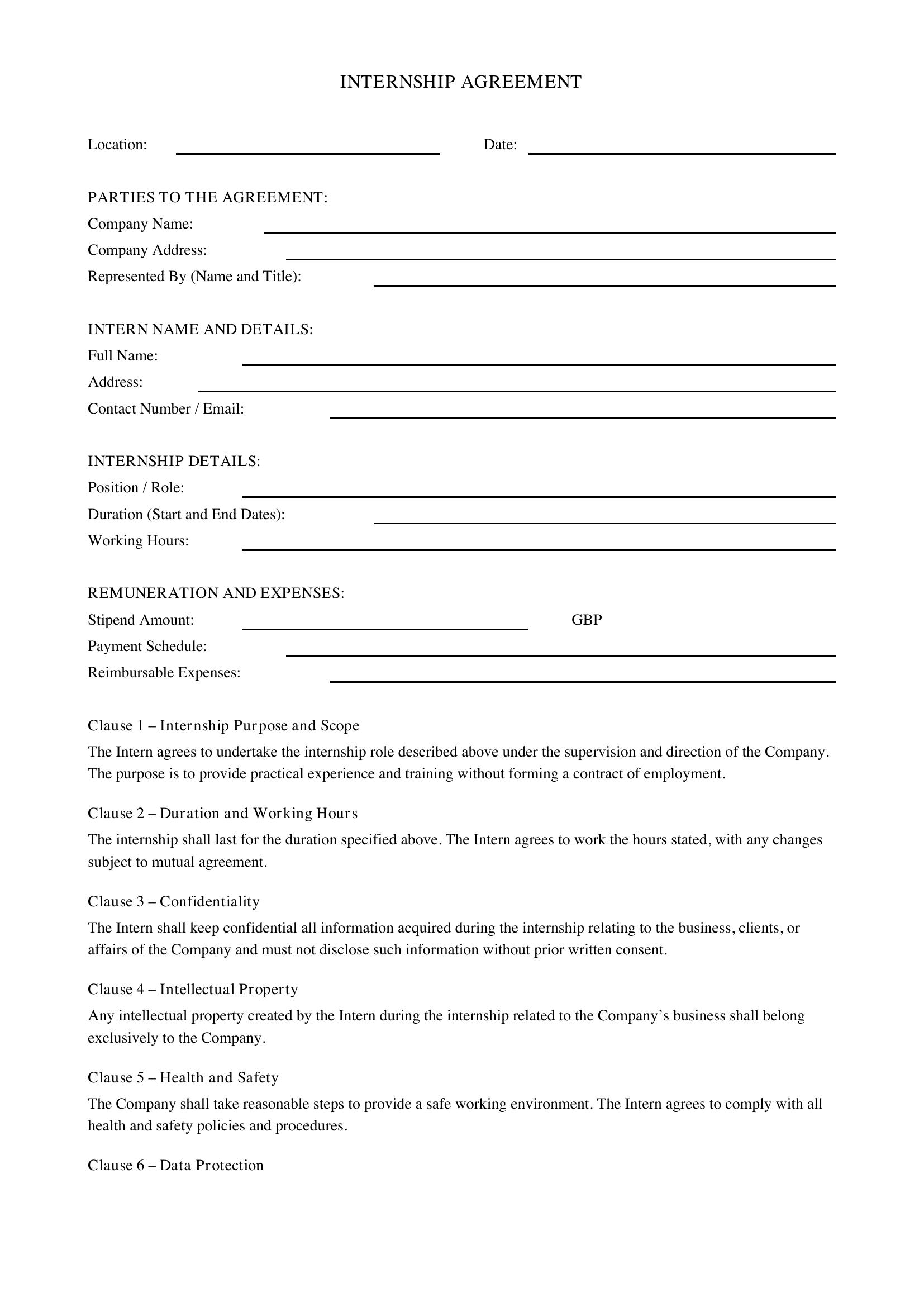 Internship Contract Template - UK