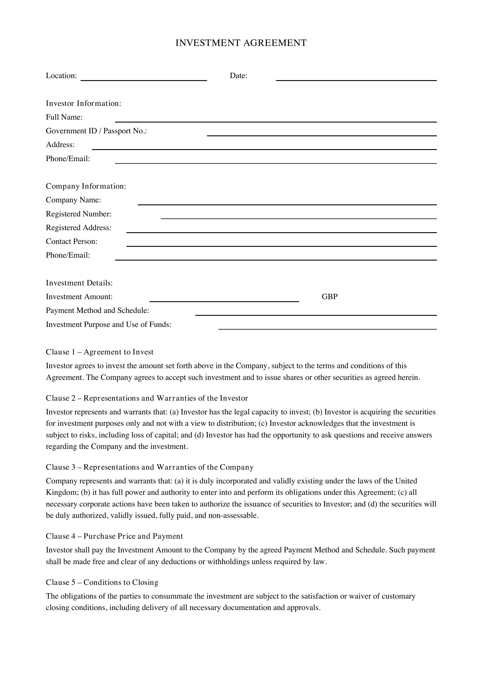Investment Contract Template - UK