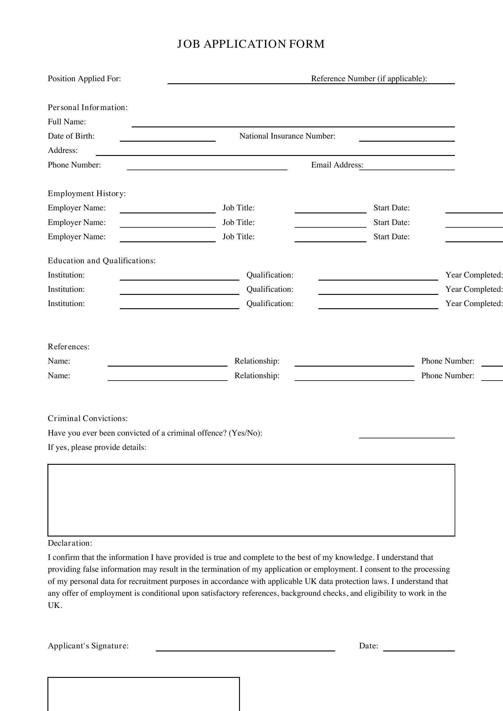 Job Application Form Template - UK