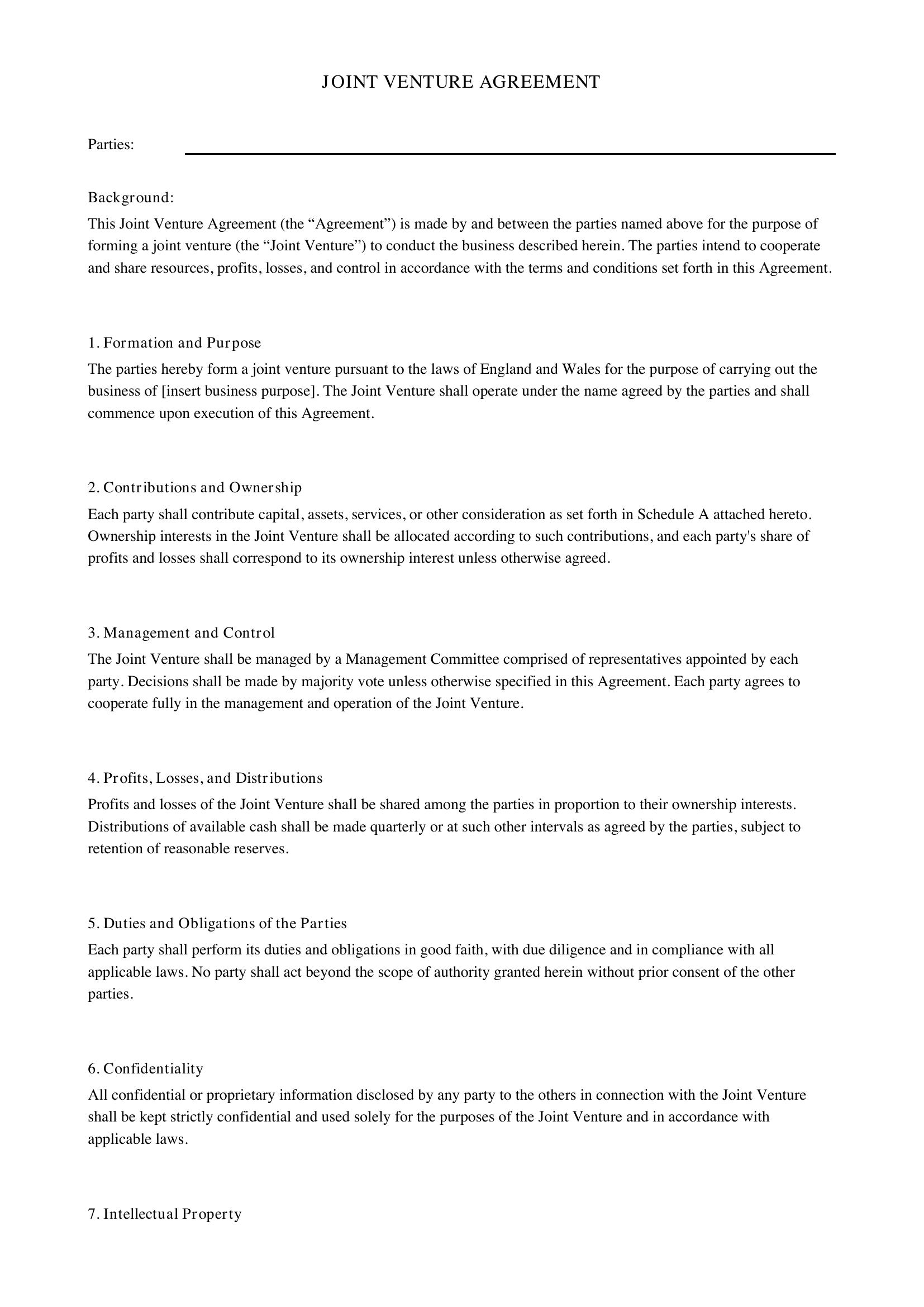 Jv Agreement Template - UK
