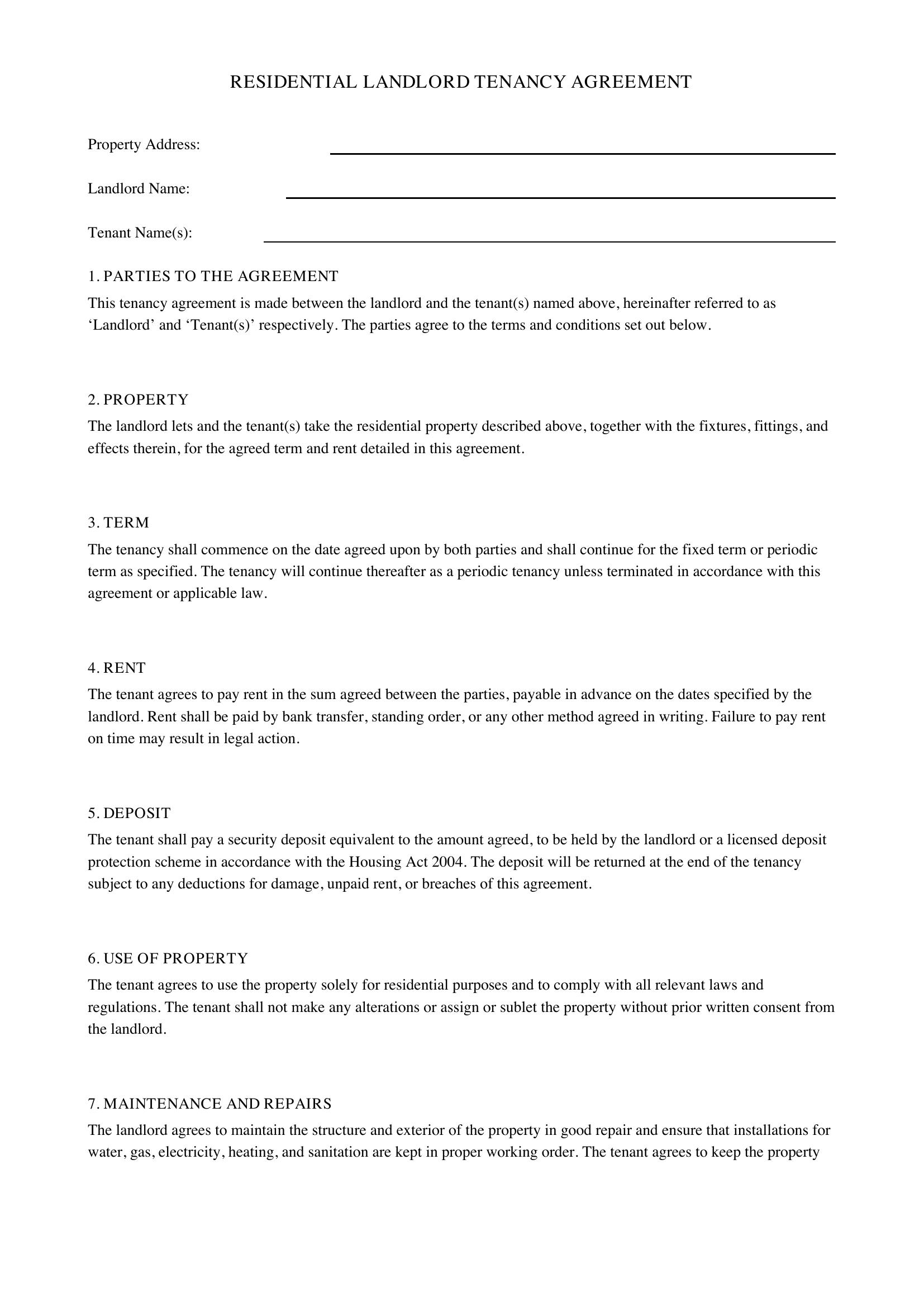 Landlord Contract Template - UK