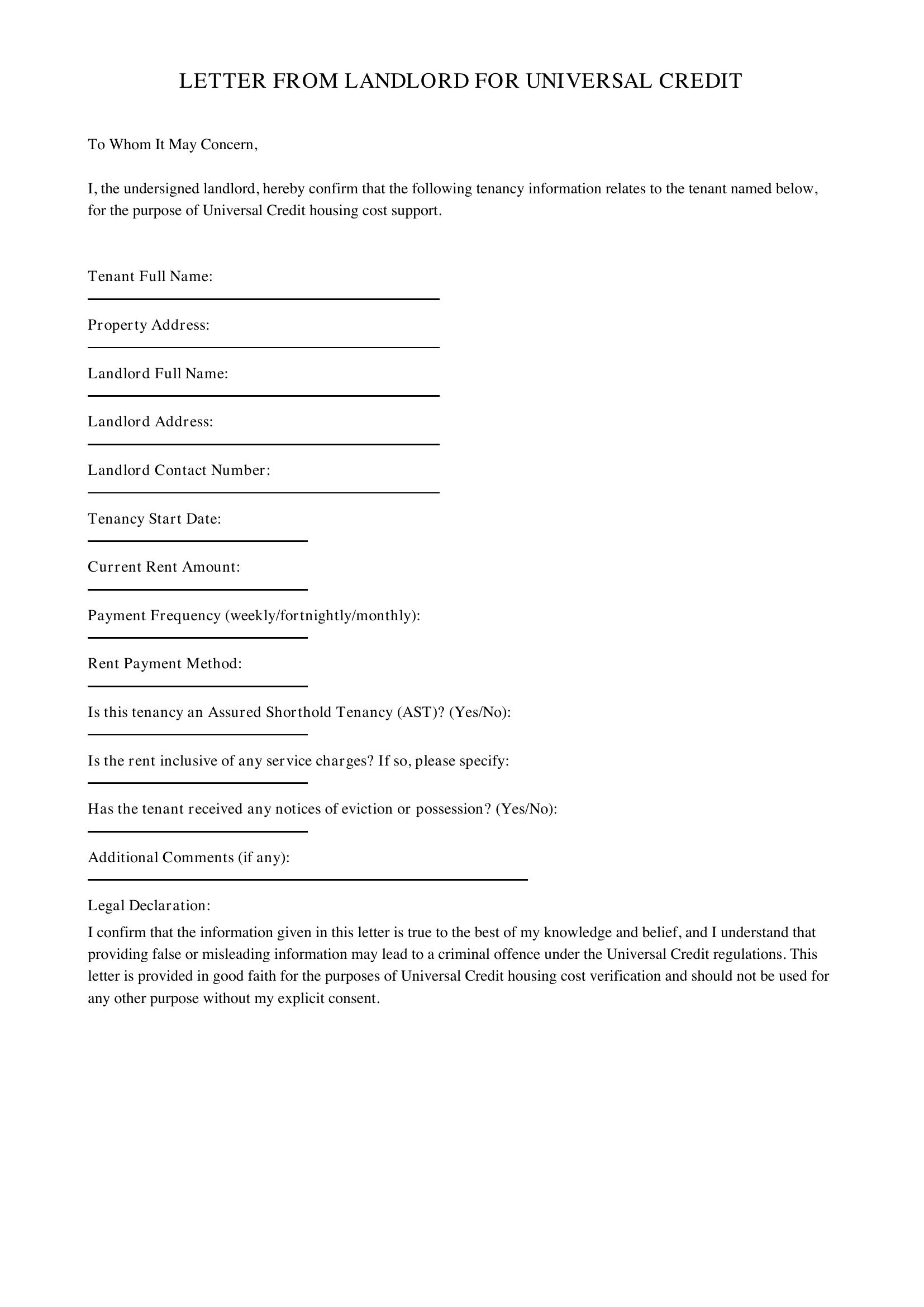 Landlord Letter For Universal Credit Template - UK