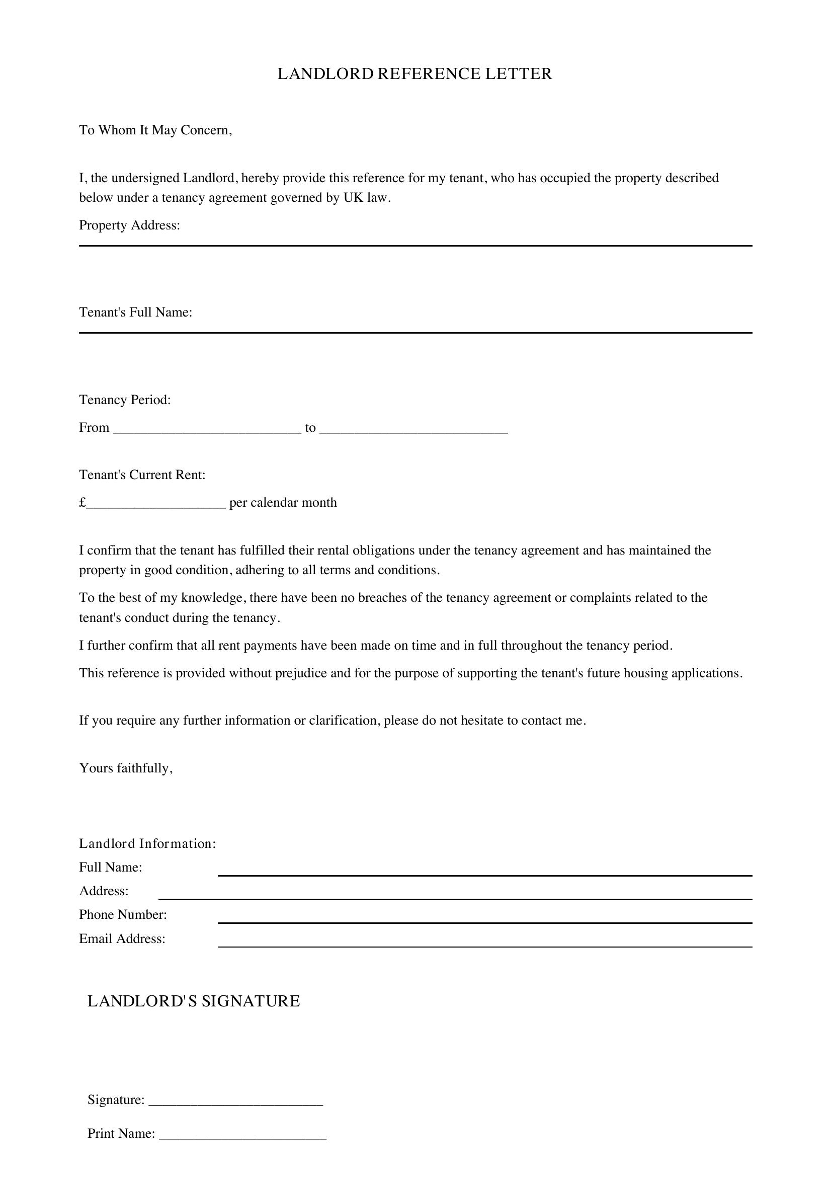 Landlord Reference Letter Template - UK