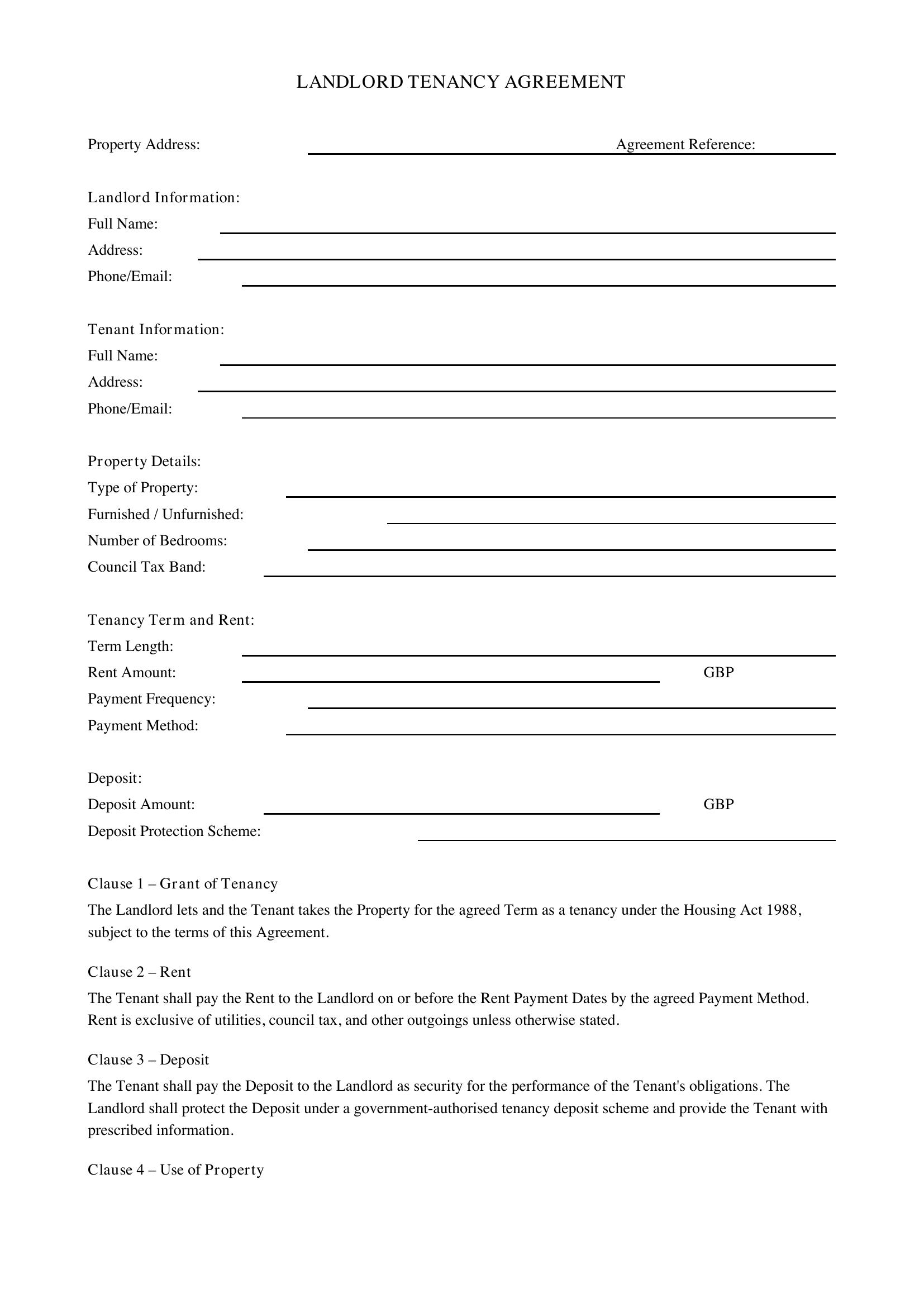 Landlord Tenancy Agreement Template - UK