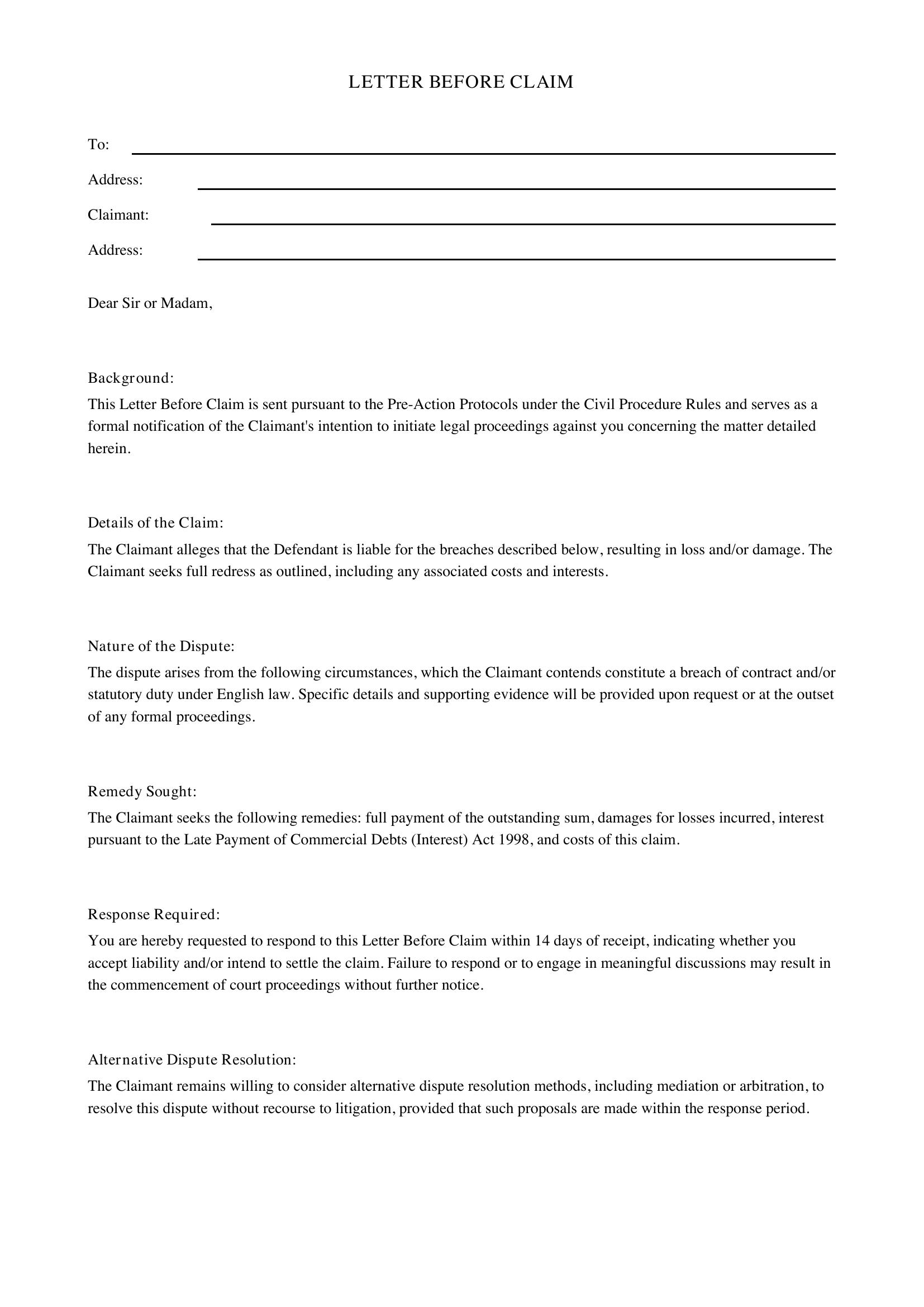 Letter Before Claim Template - UK