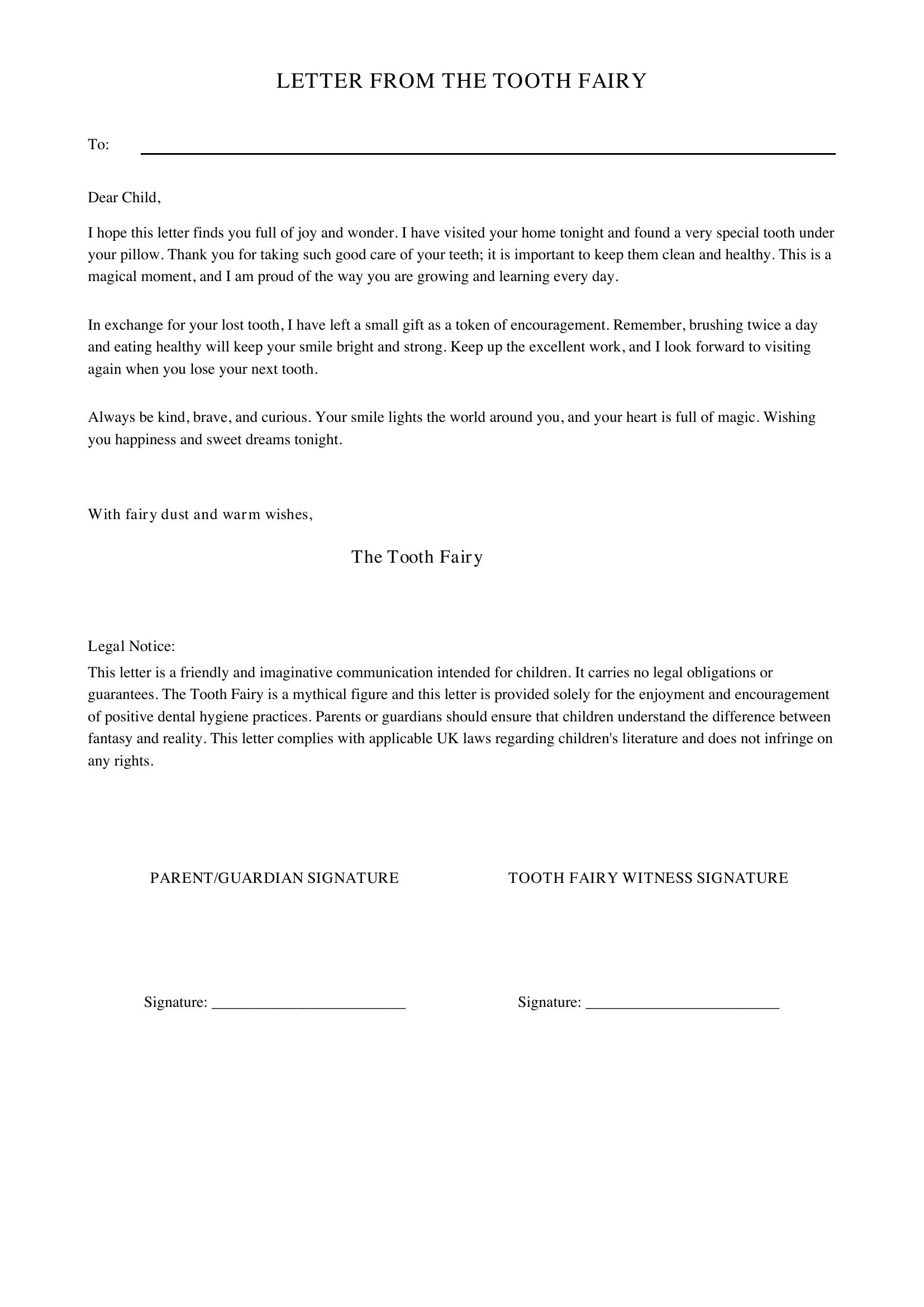 Letter From Tooth Fairy Template - UK