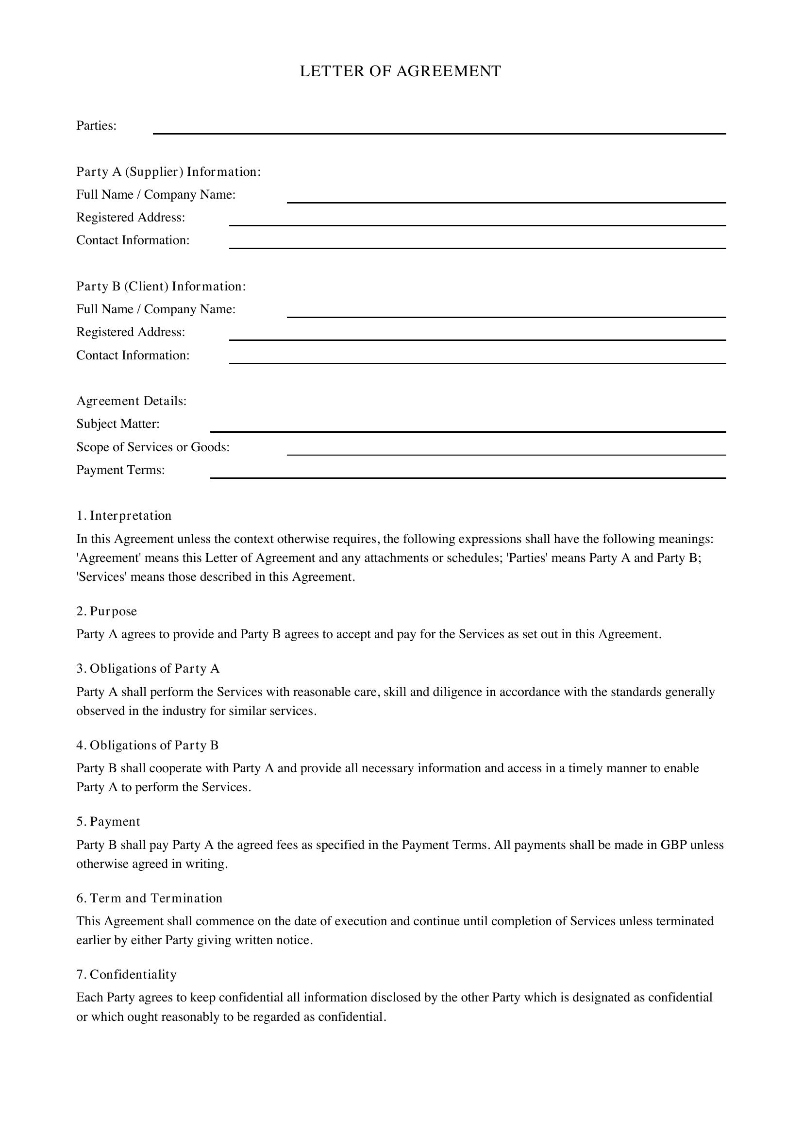 Letter Of Agreement Template - UK