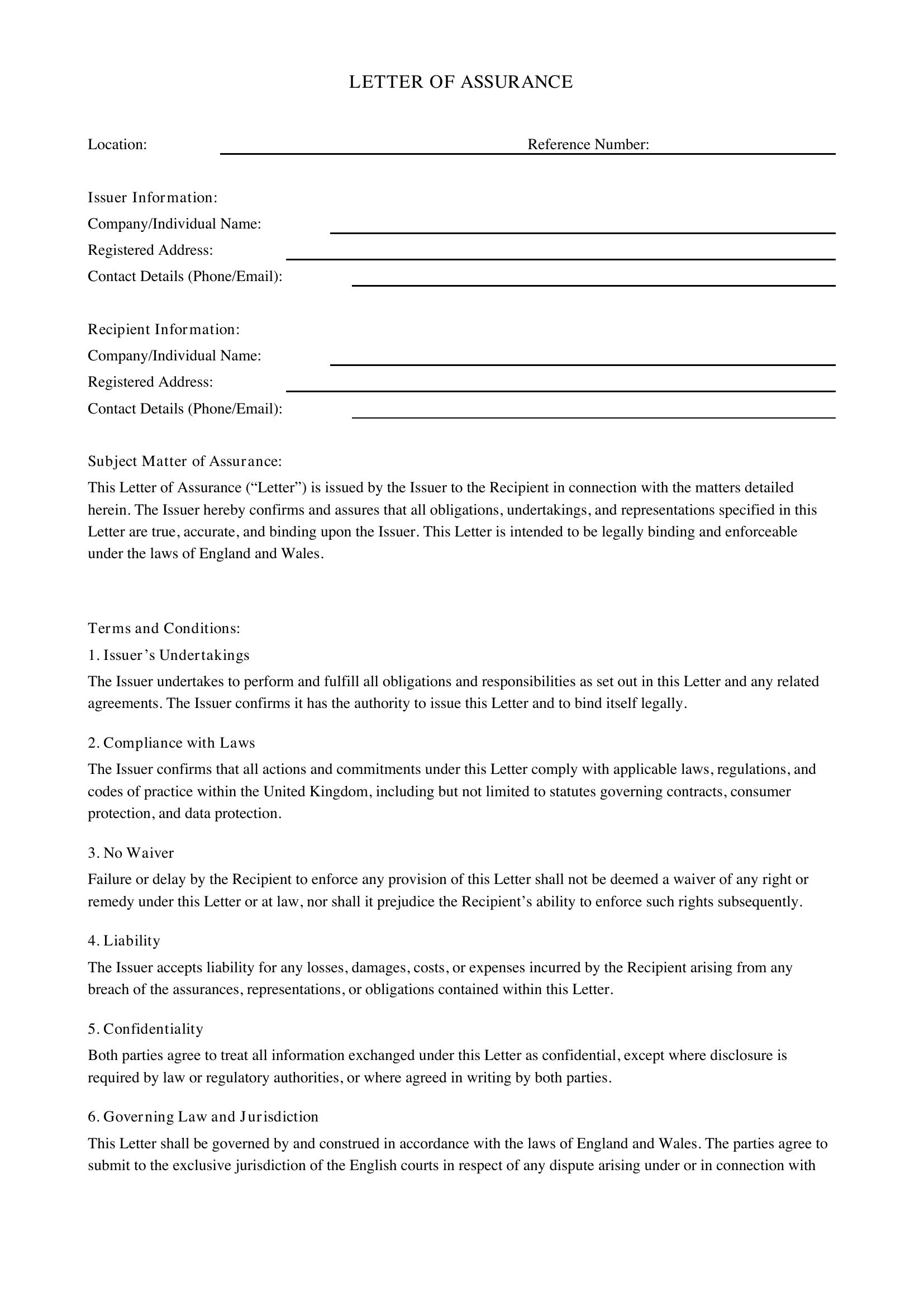 Letter Of Assurance Template - UK