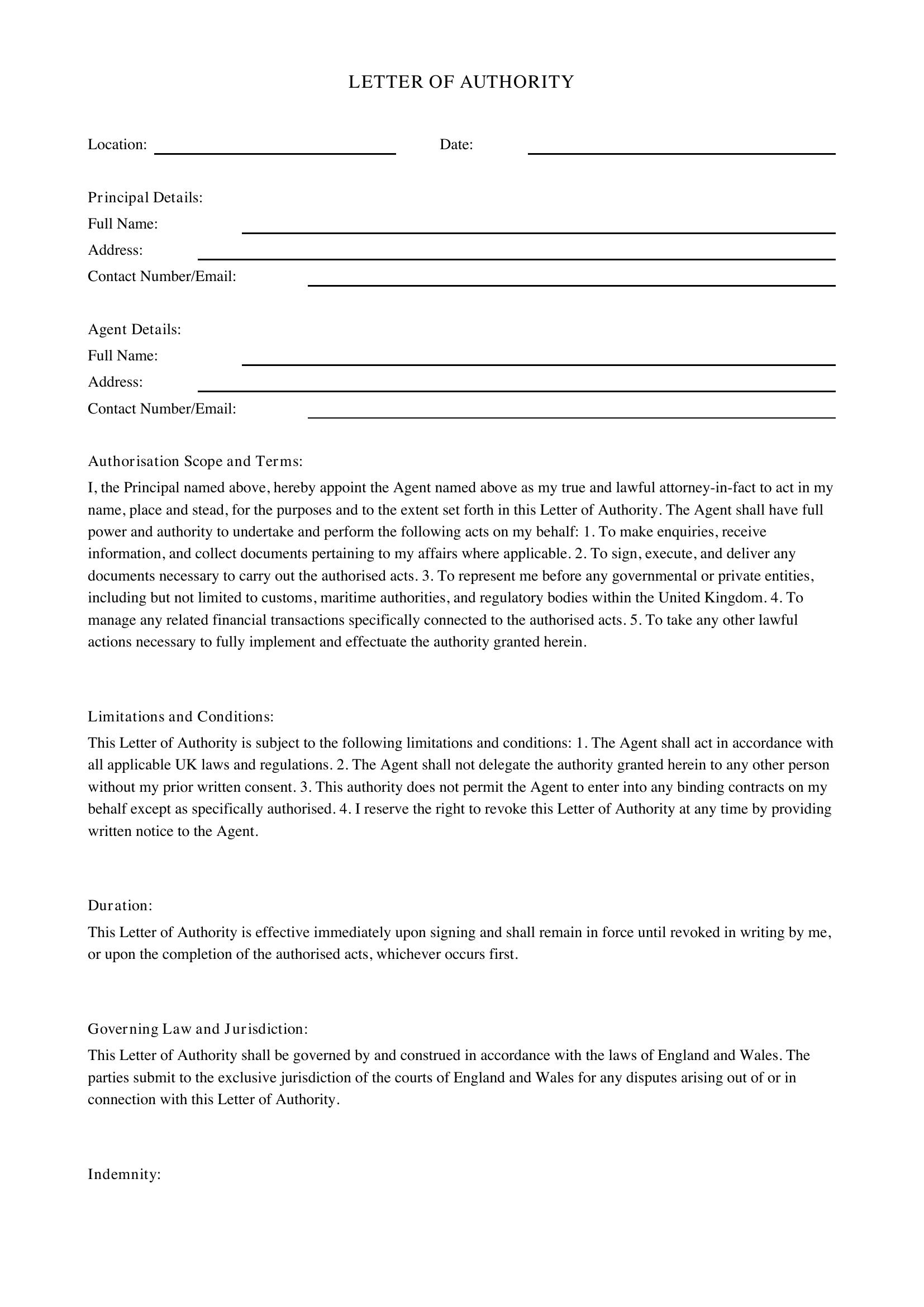 Letter Of Authority Template - UK