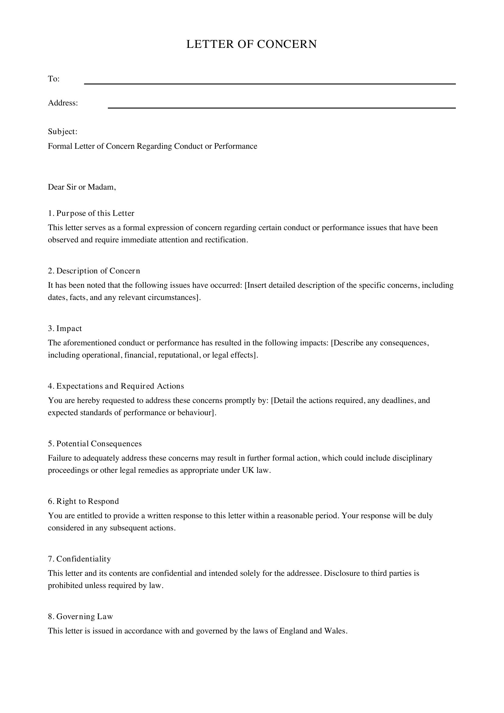 Letter Of Concern Template - UK