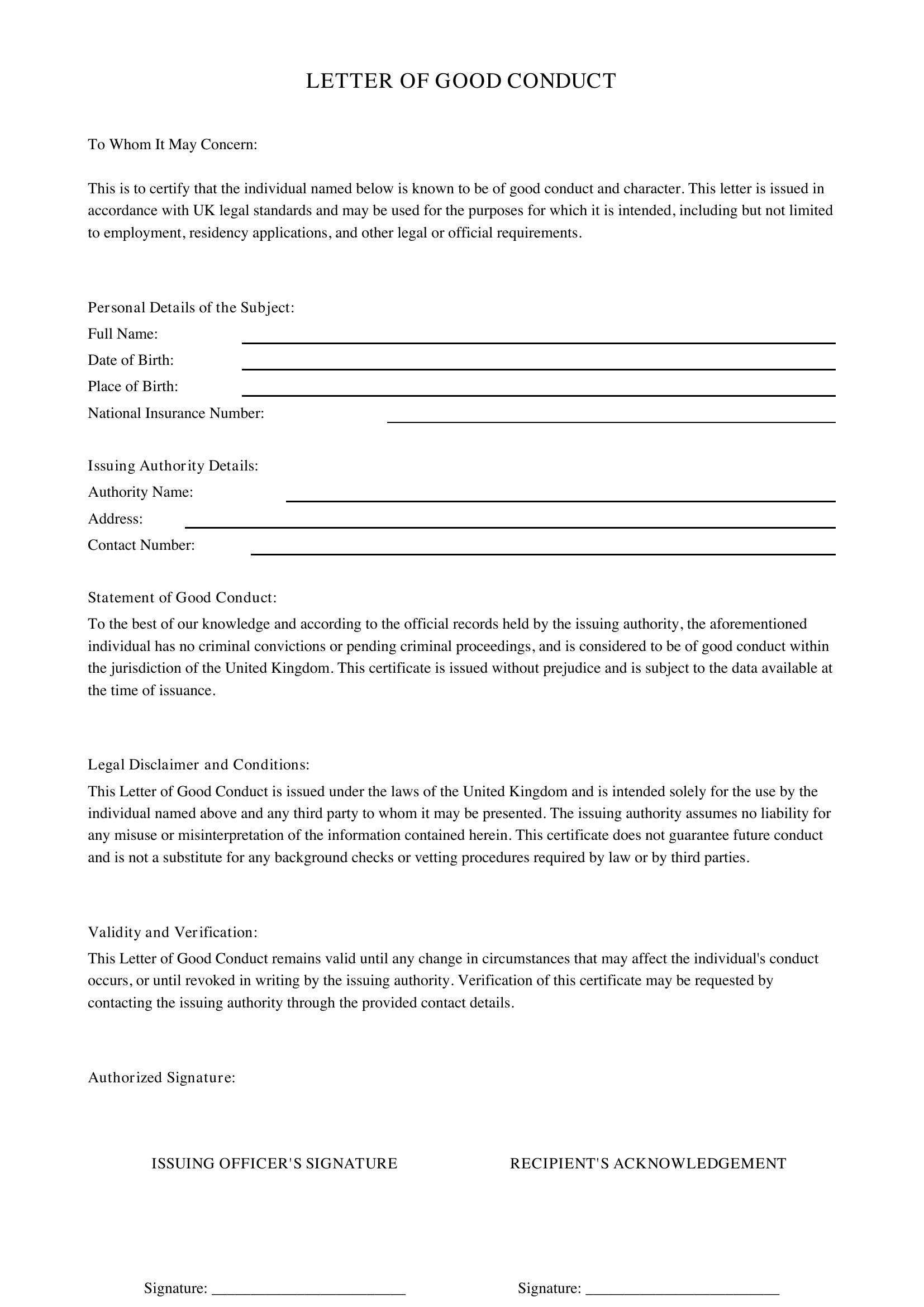 Letter Of Good Conduct Template - UK