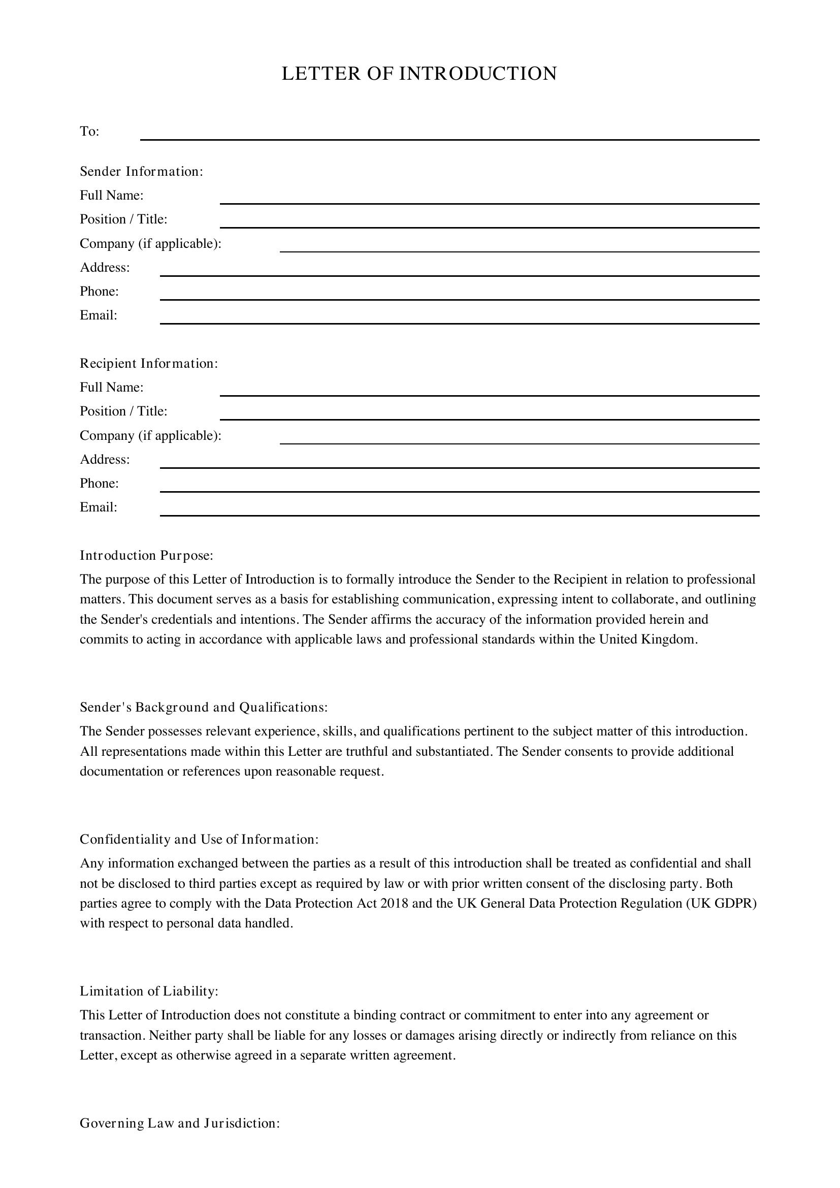 Letter Of Introduction Template - UK