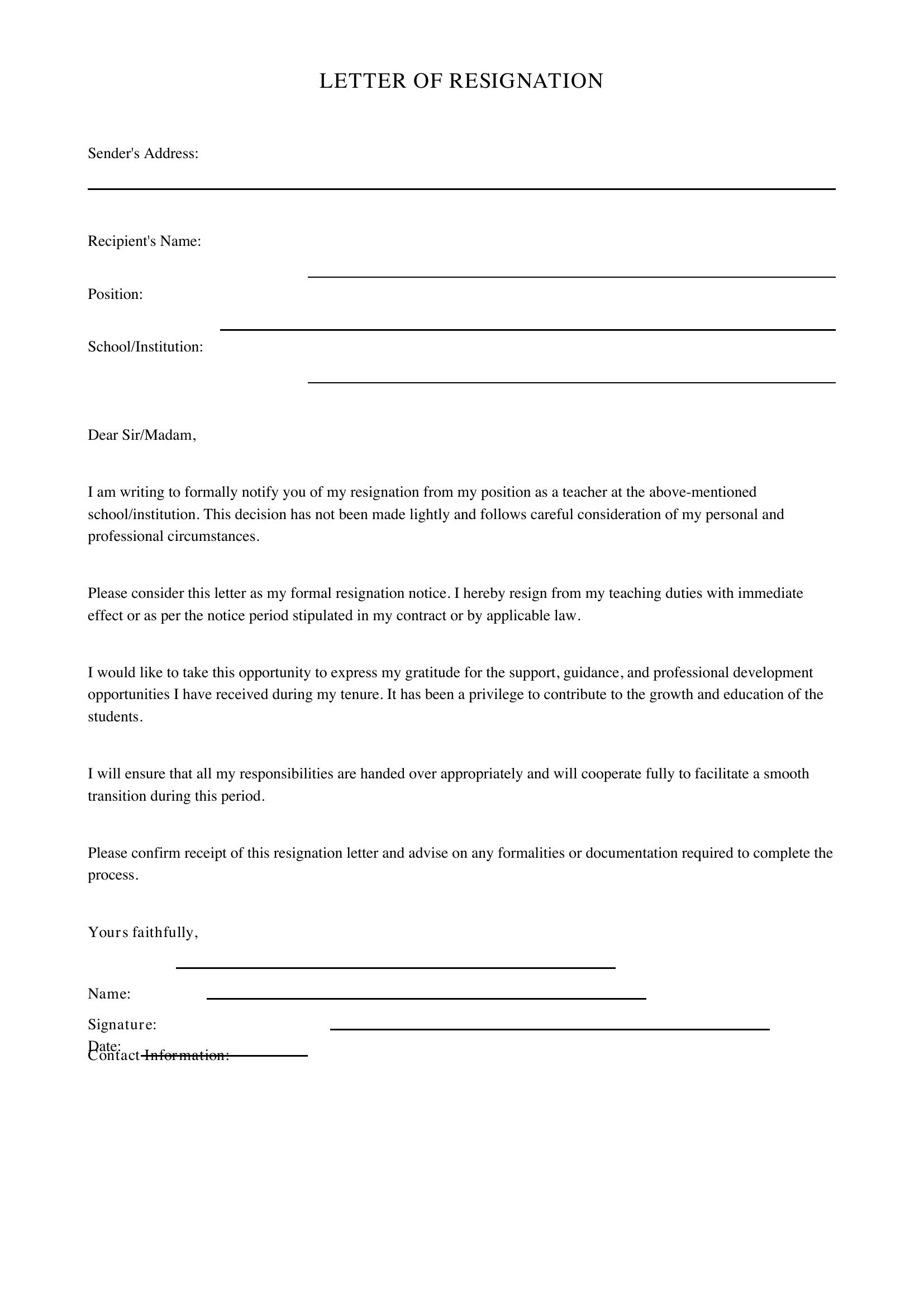 Letter Of Resignation Teacher Template - UK
