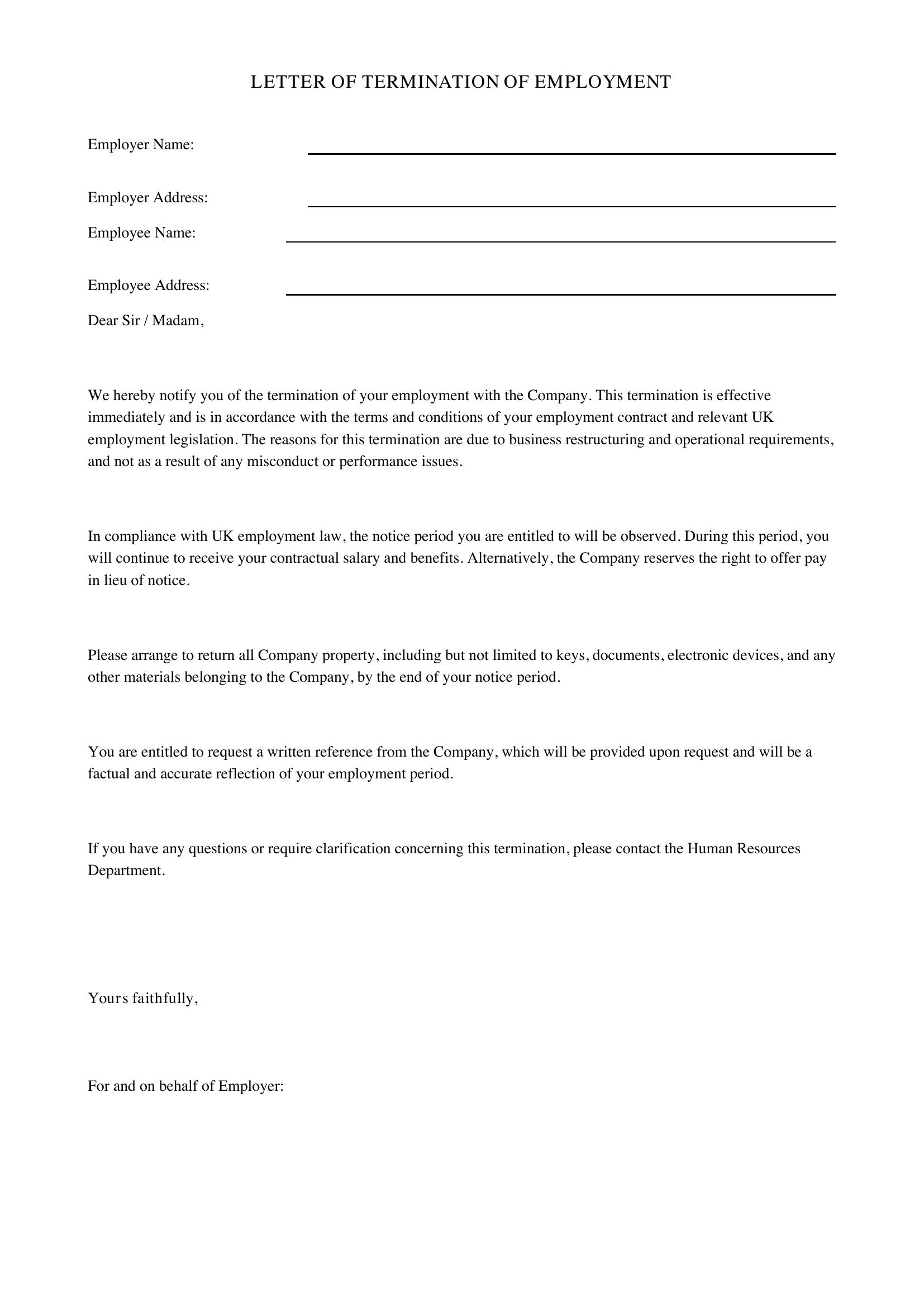 Letter Of Termination Of Employment Template - UK