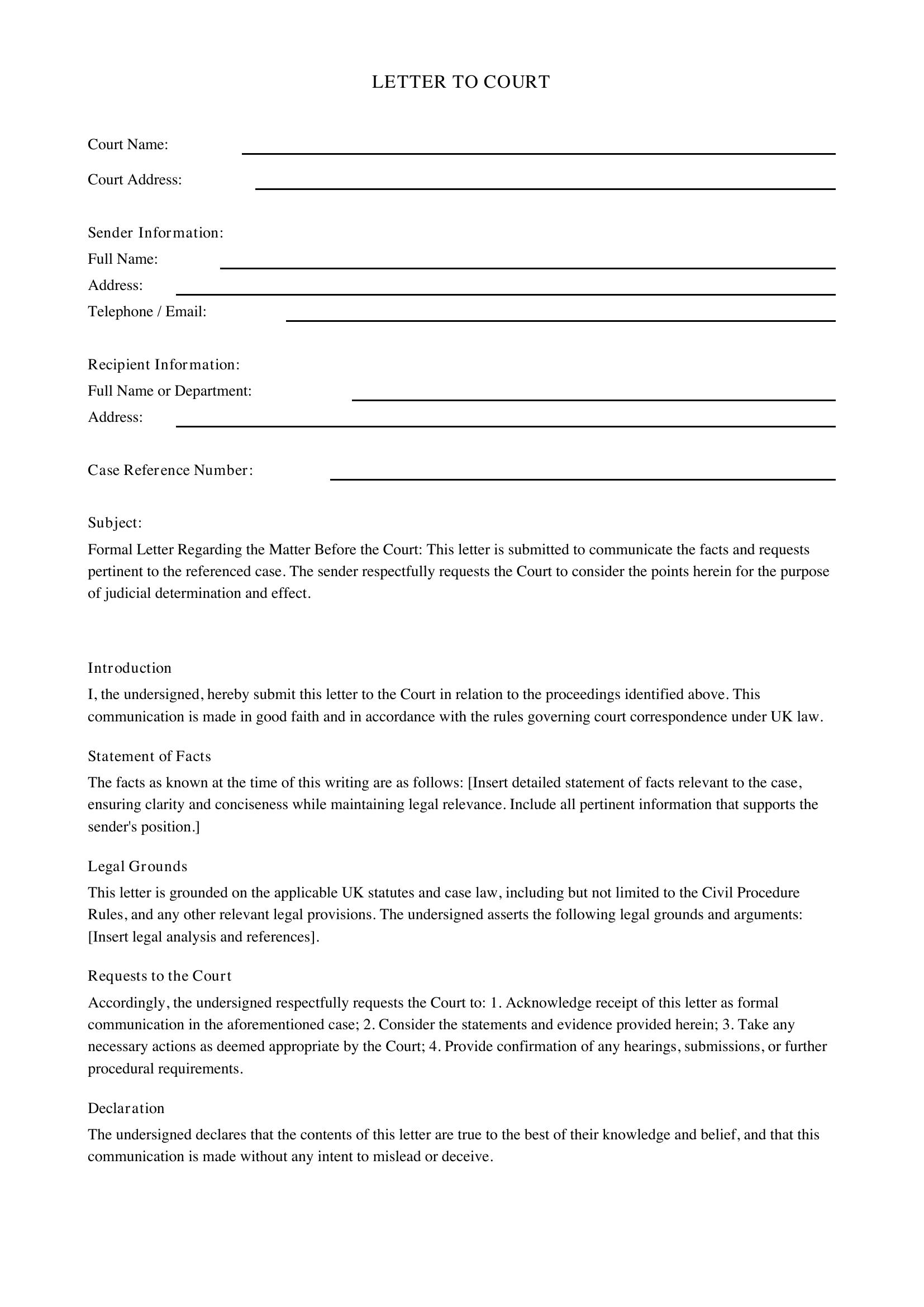 Letter To Court Template - UK