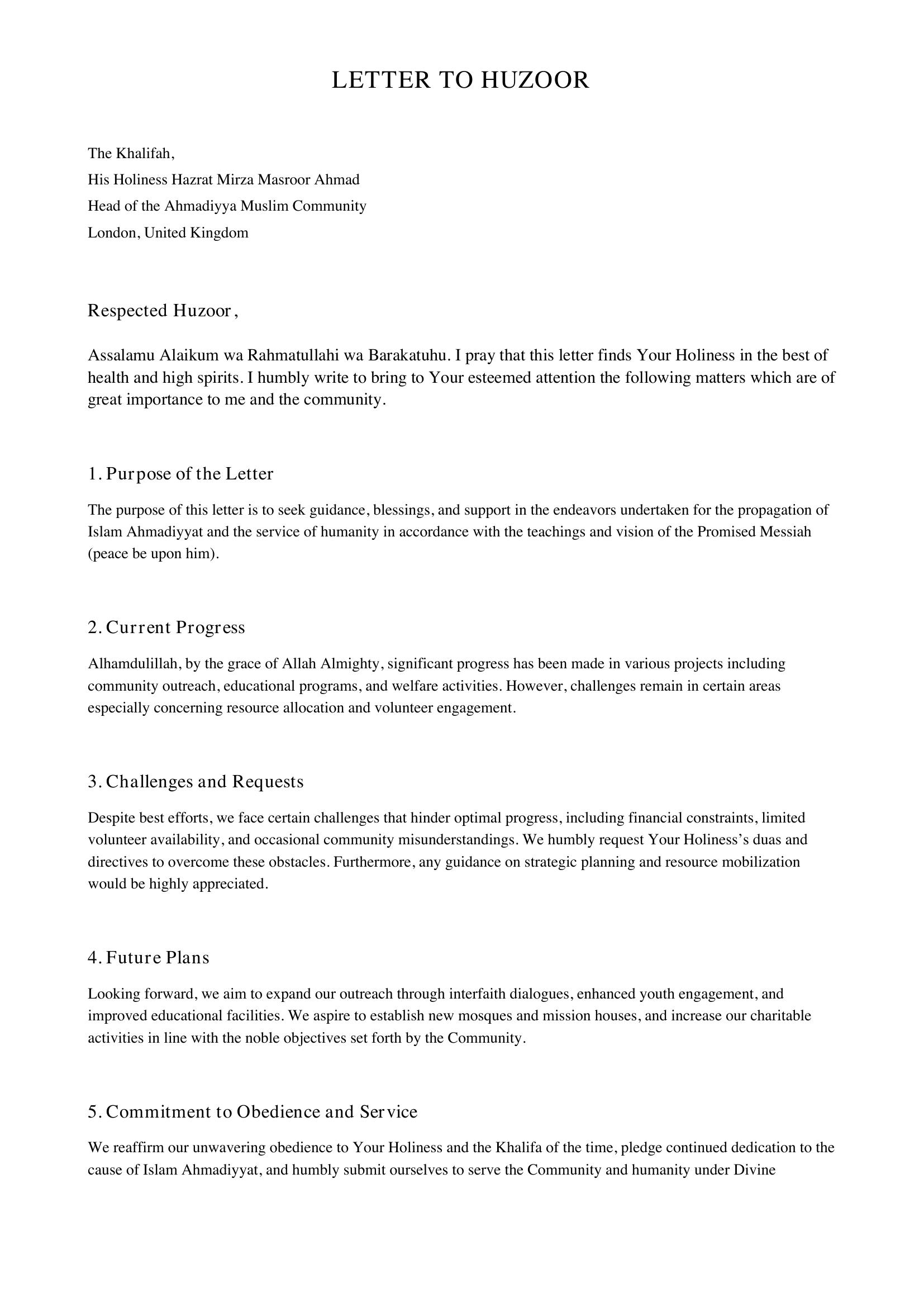 Letter To Huzoor Template - UK
