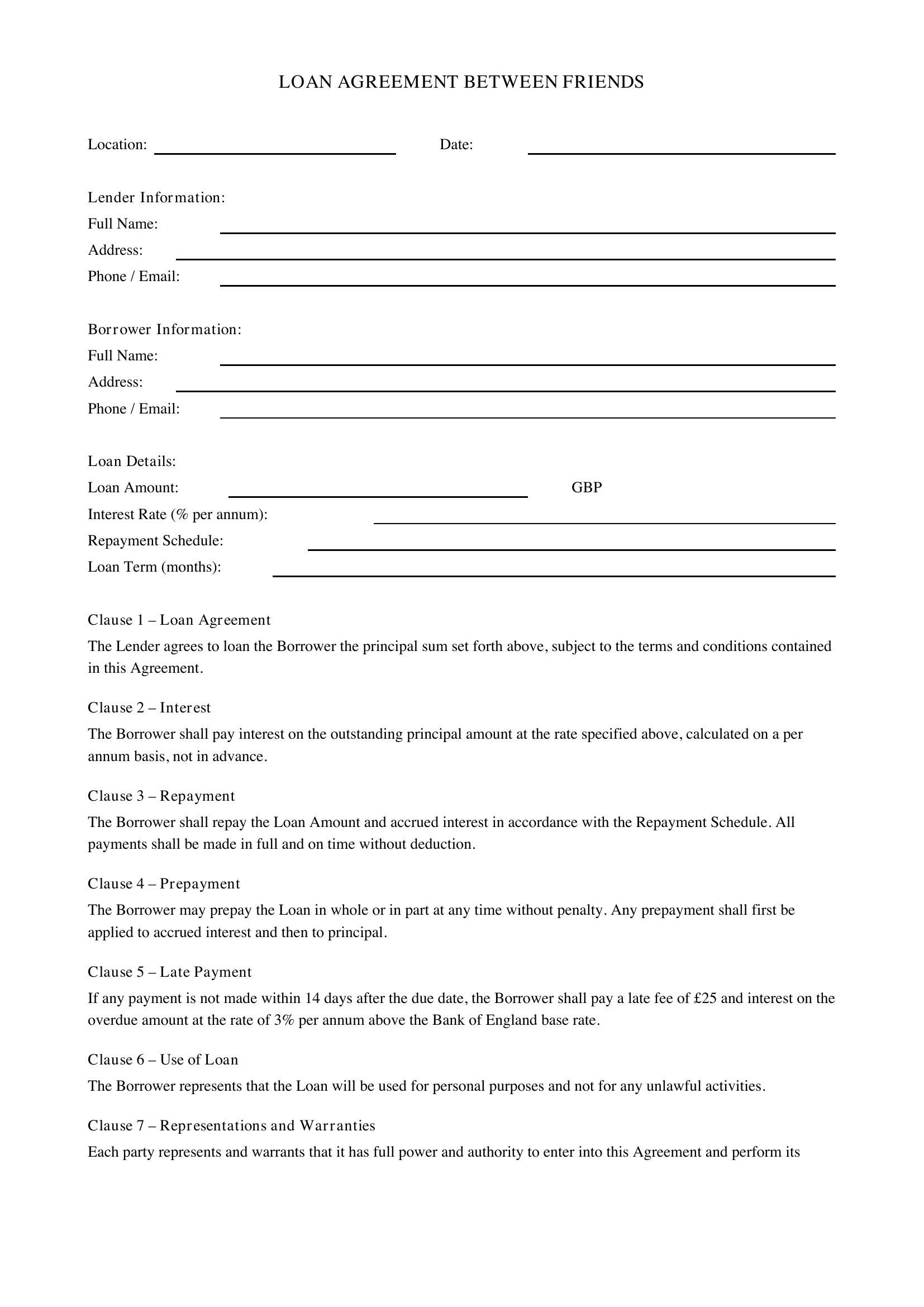 Loan Agreement Between Friends Template - UK