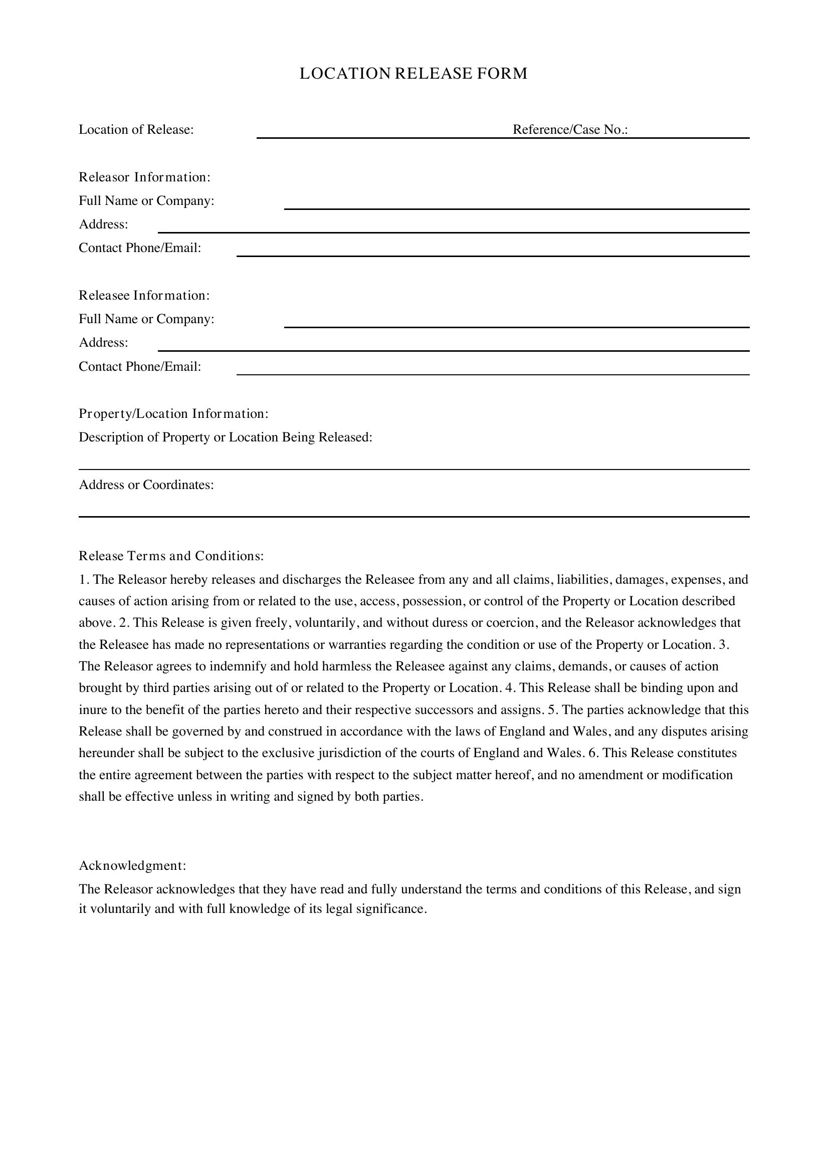 Location Release Form Template - UK