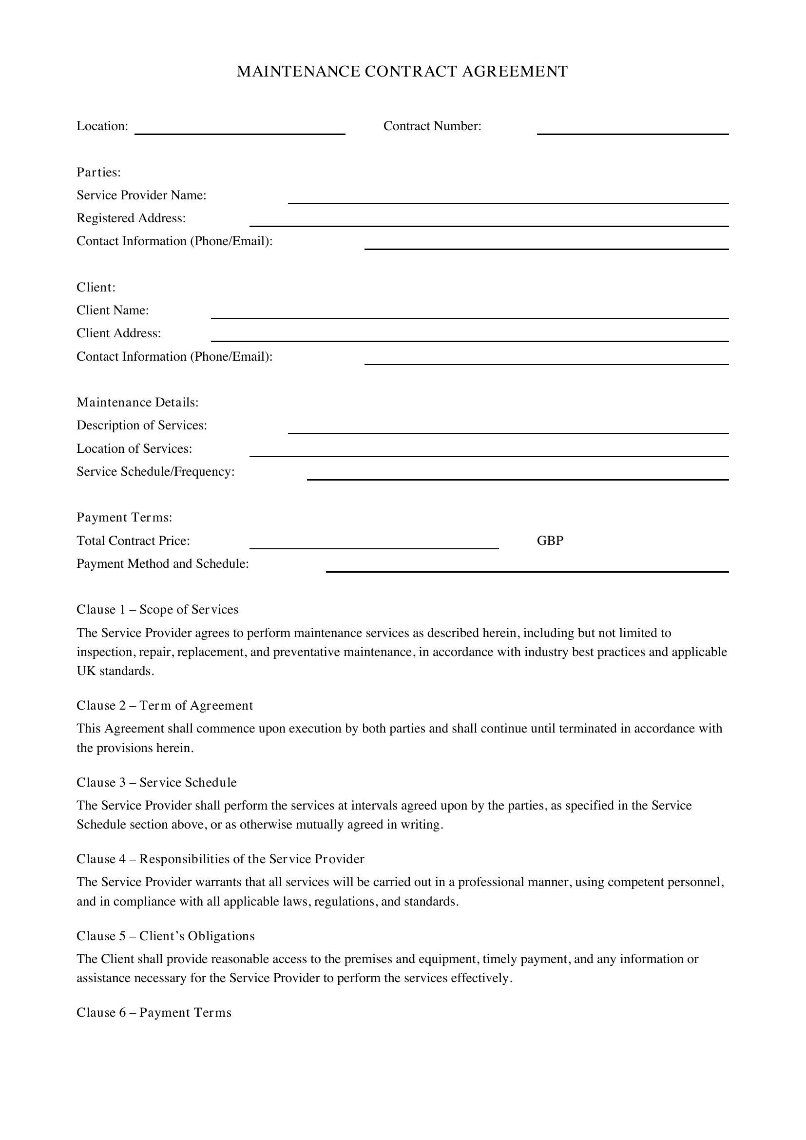 Maintenance Contract Template - UK