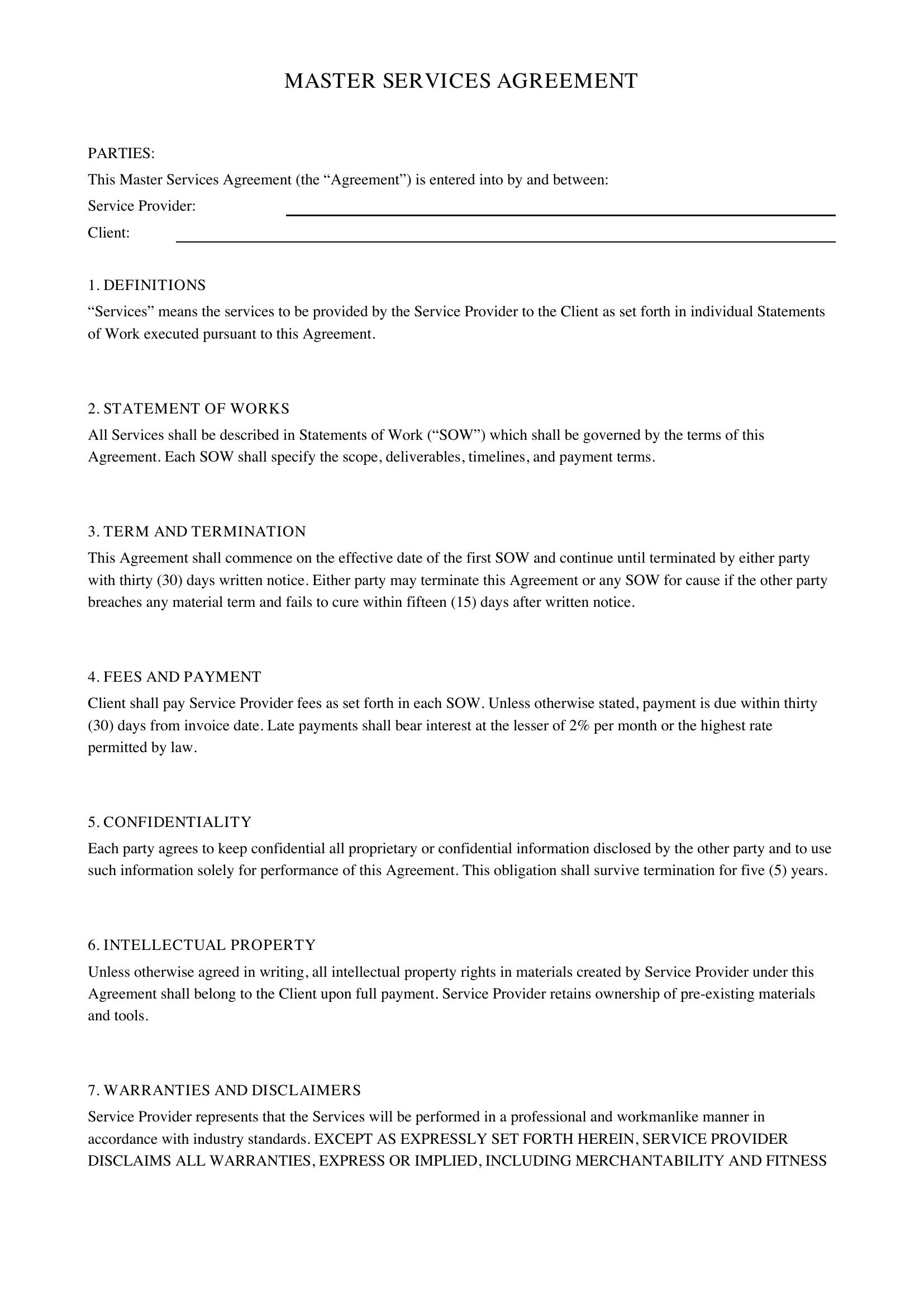 Master Services Agreement Template - UK