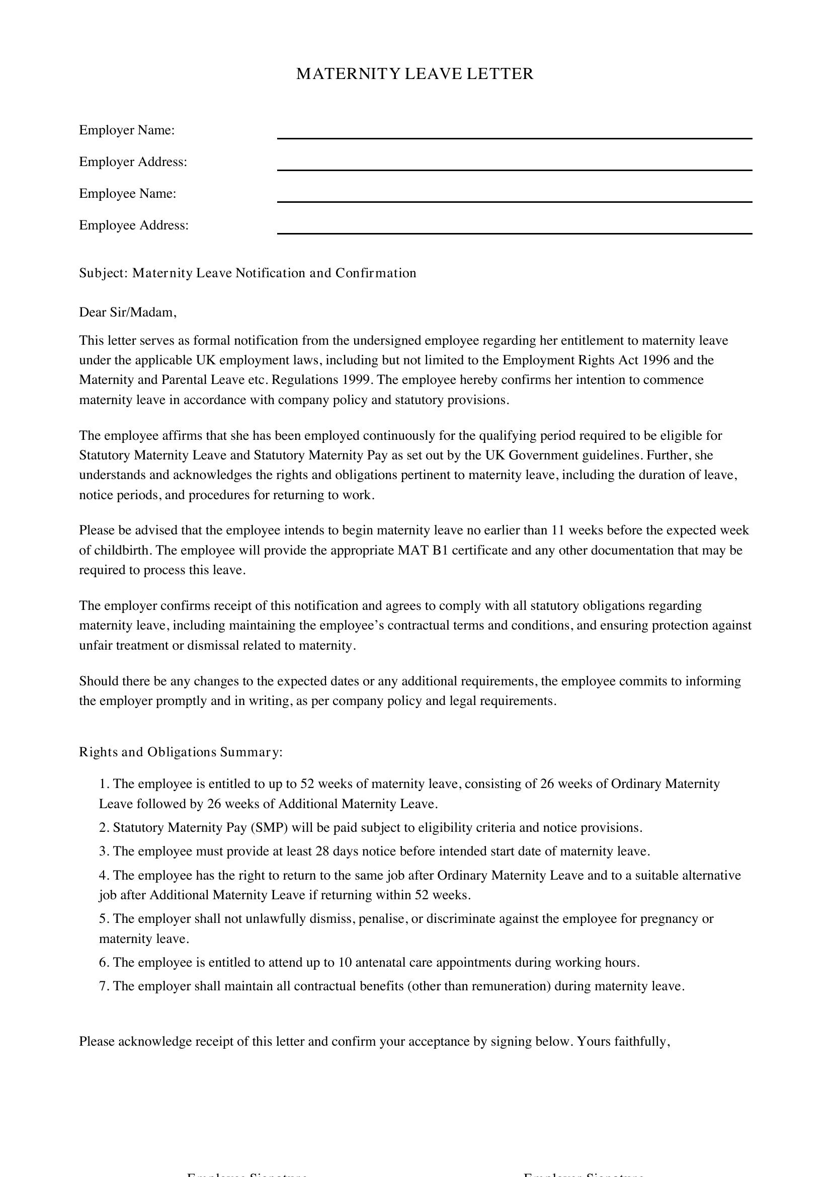 Maternity Leave Letter Employer Template - UK