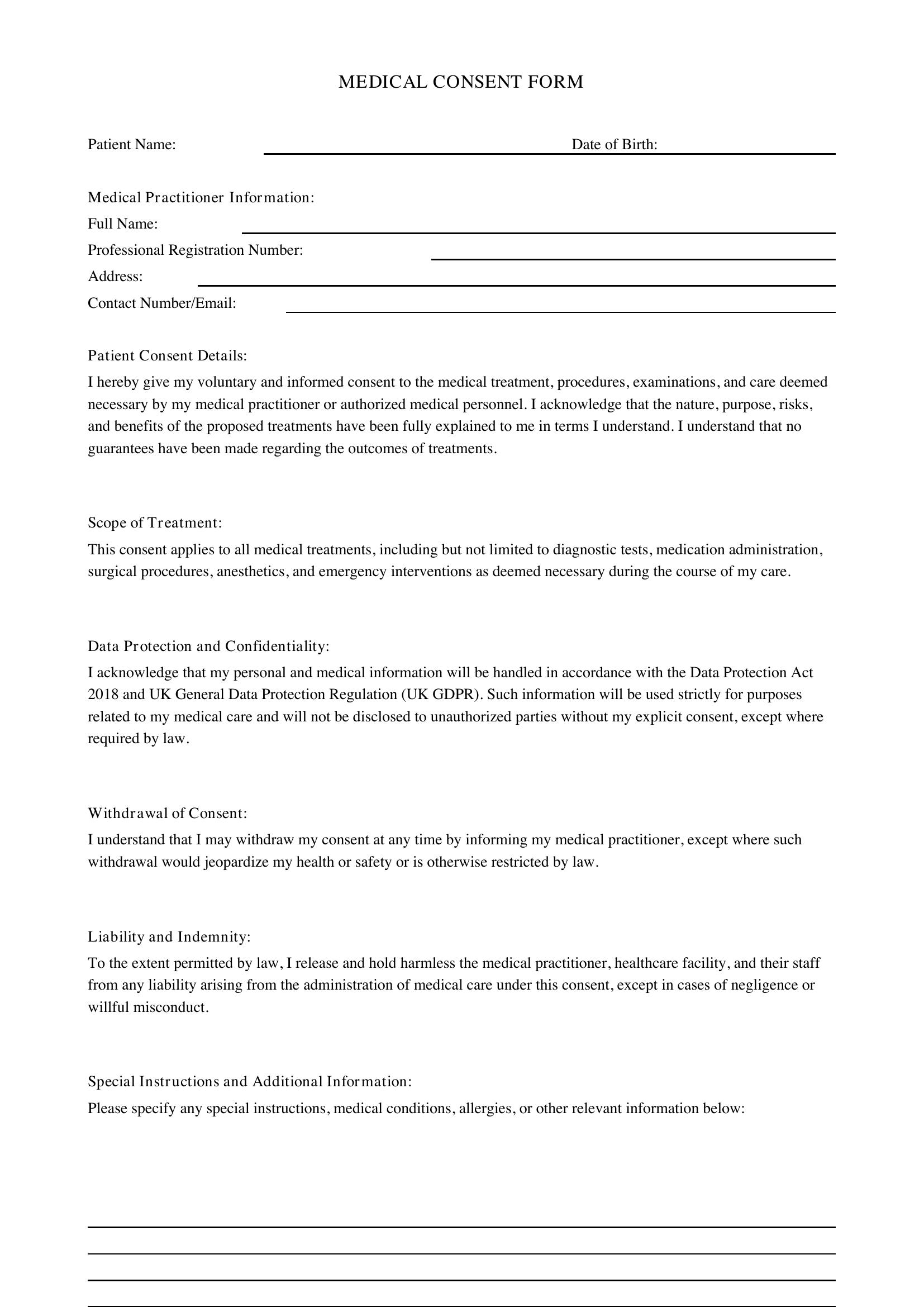 Medical Consent Form Template - UK