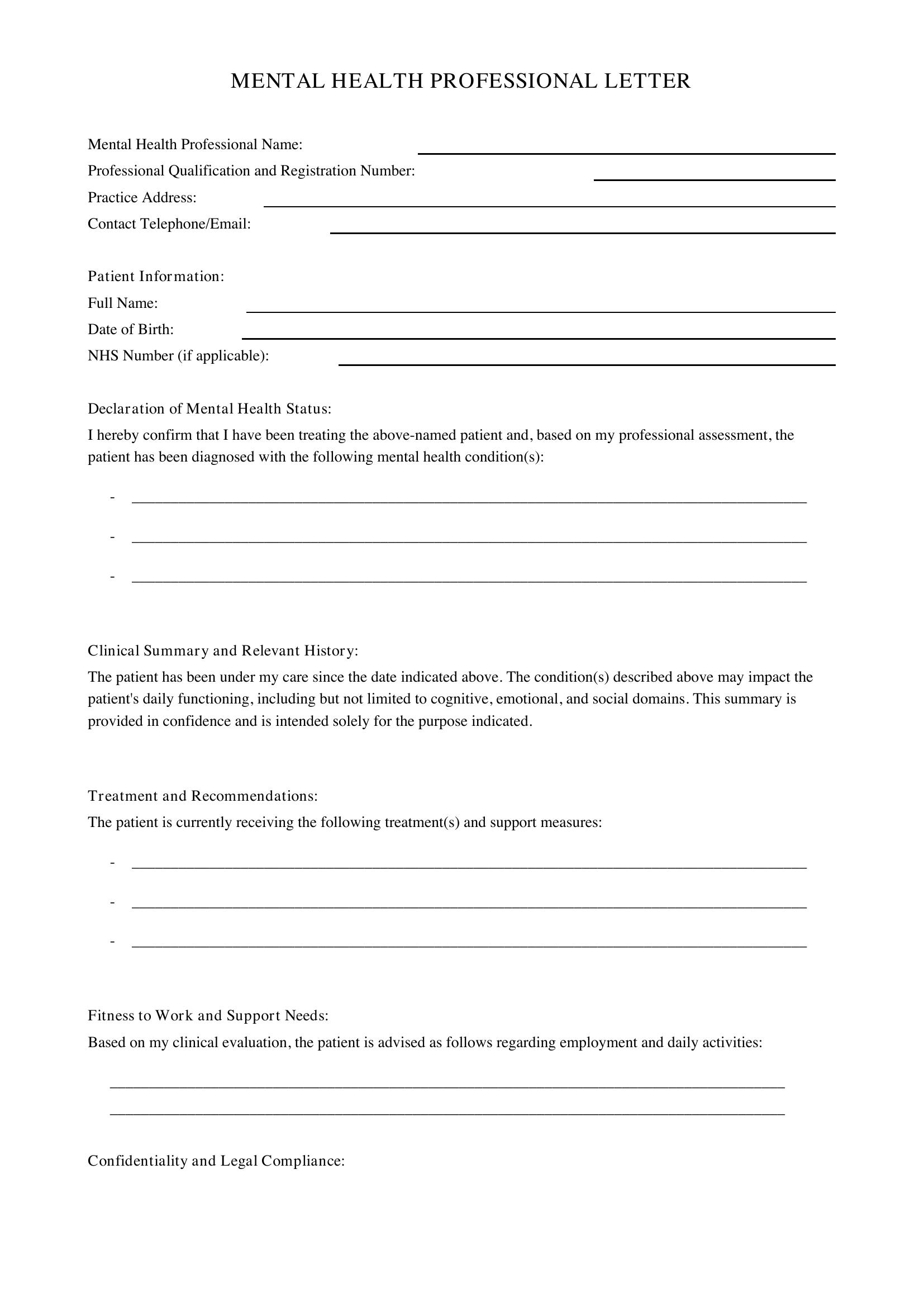 Mental Health Letter Template - UK