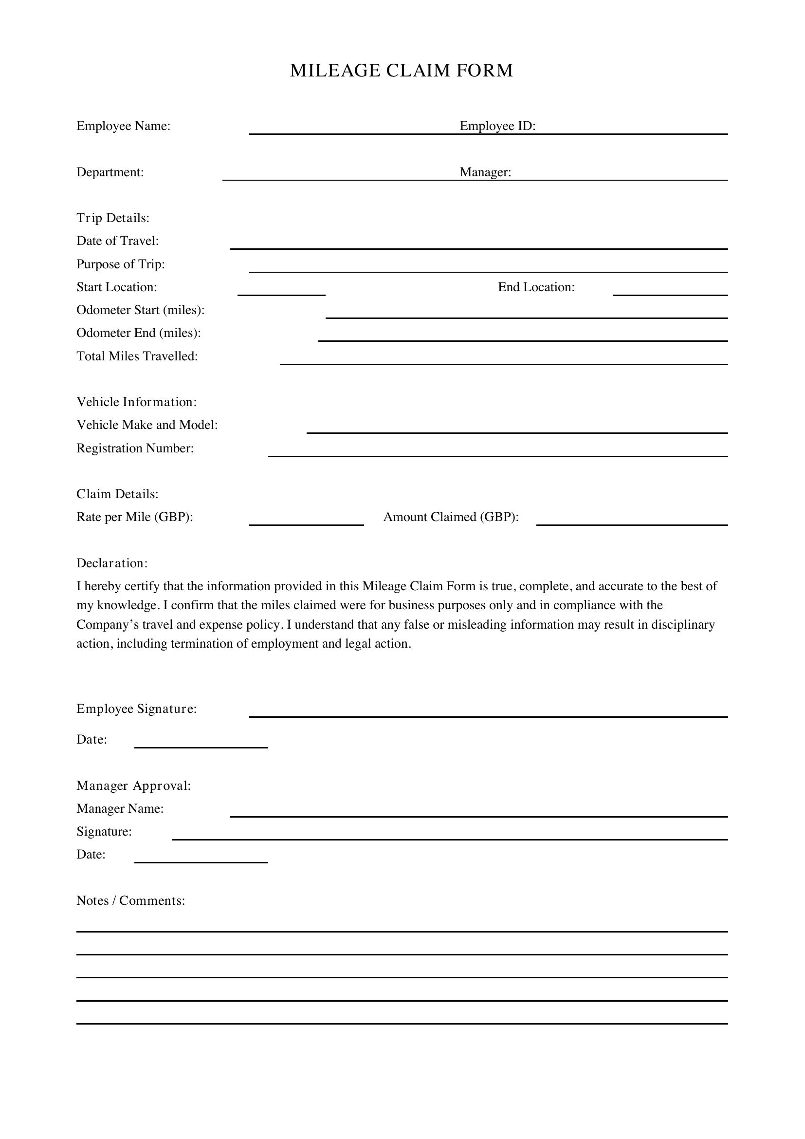 Mileage Claim Form Template - UK