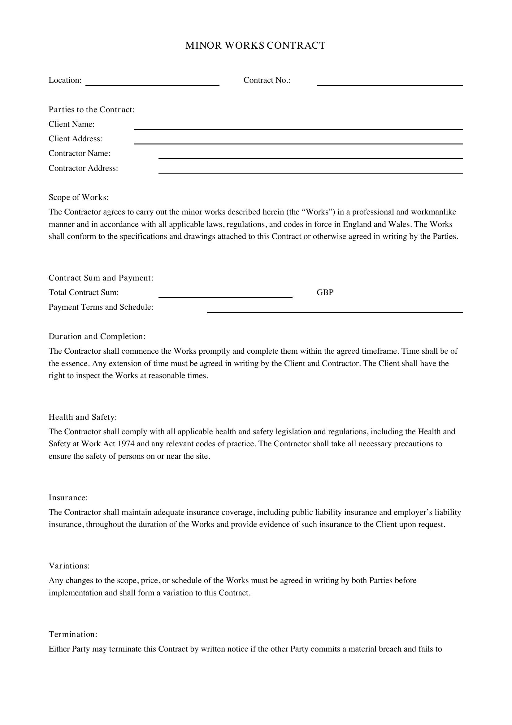 Minor Works Contract Template - UK