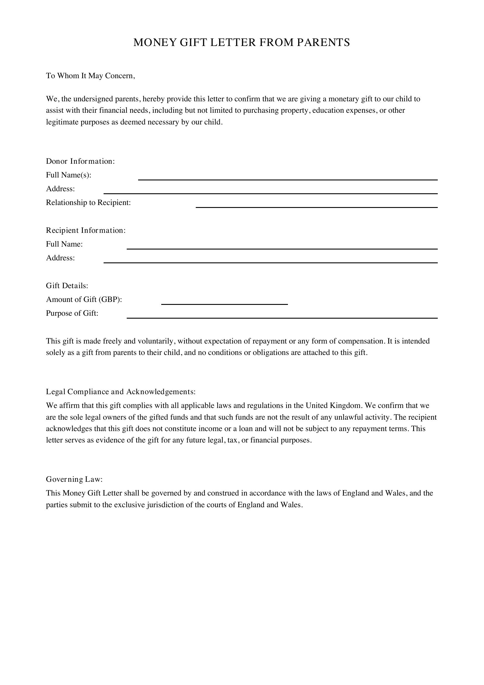 Money Gift Letter From Parents Template - UK