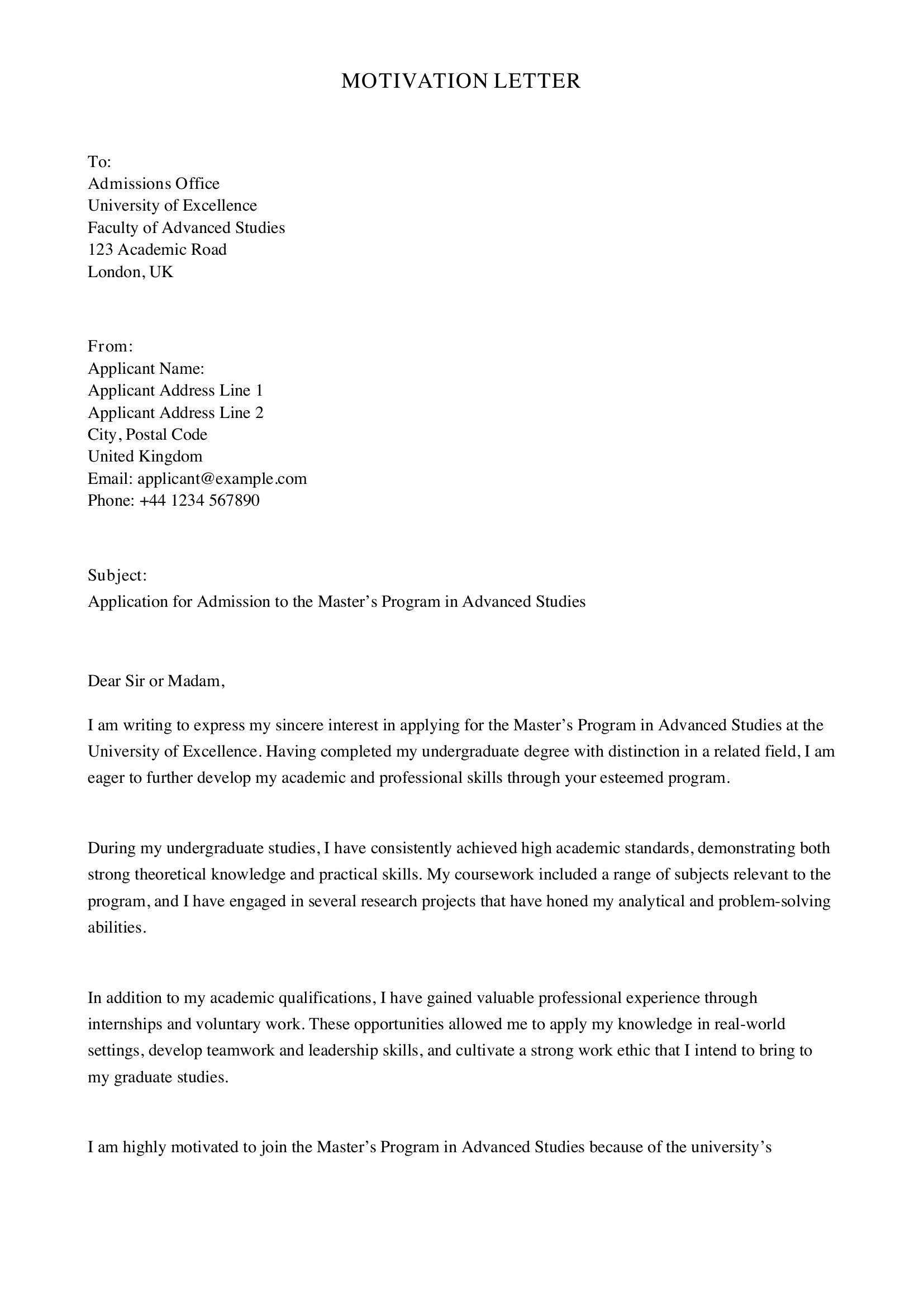 Motivation Letter Template - UK