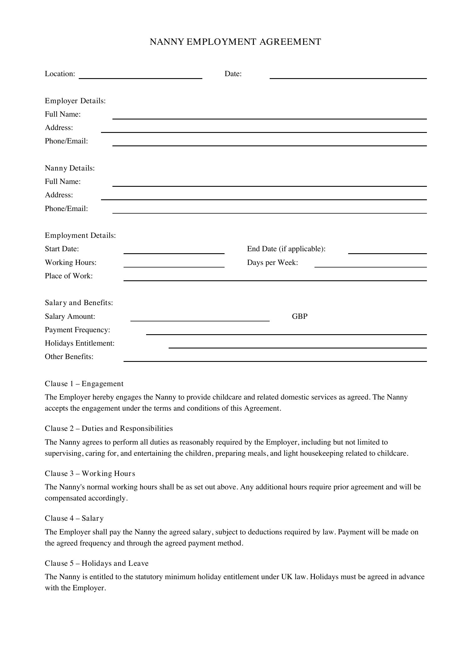 Nanny Contract Template - UK