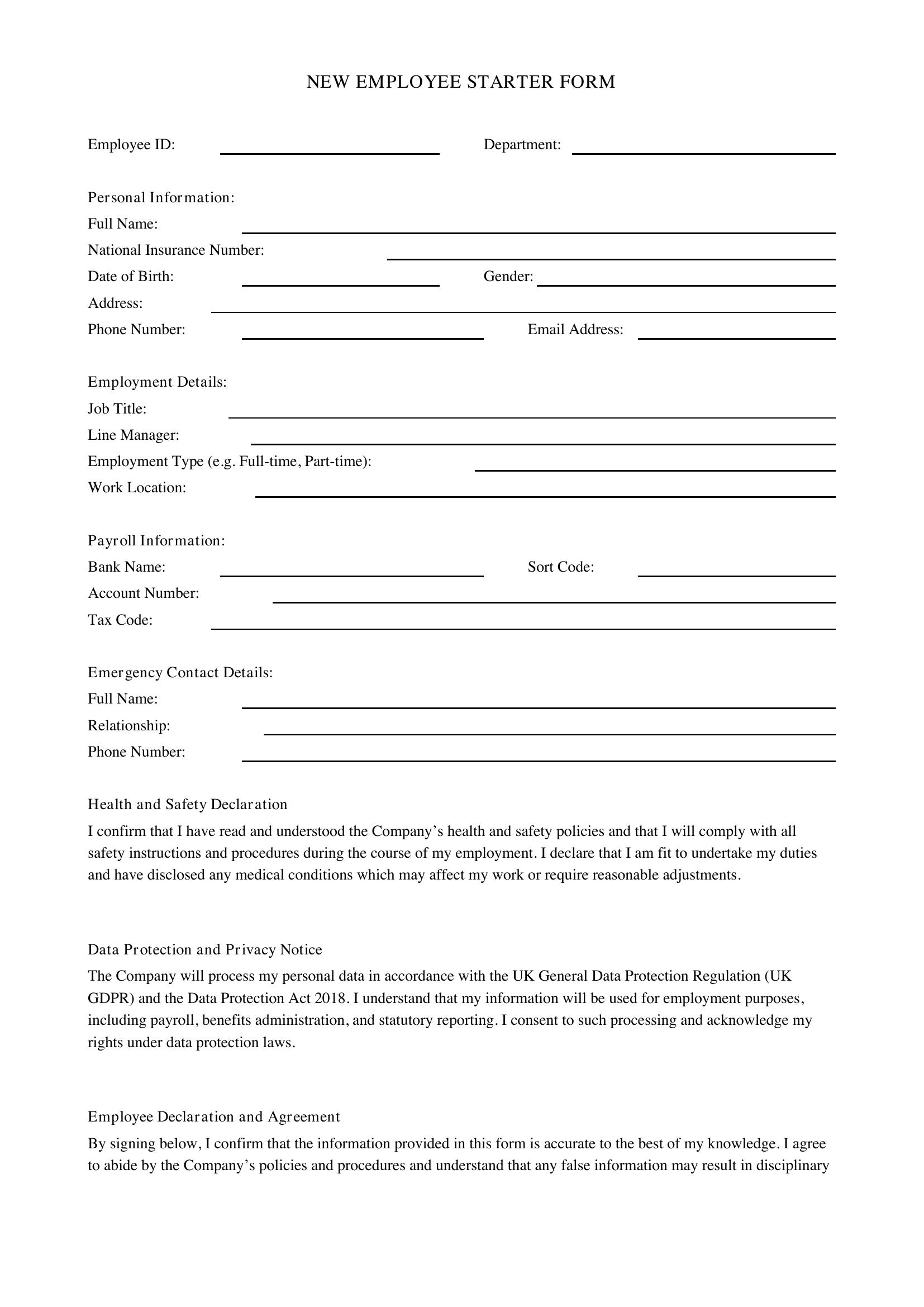 New Employee Starter Form Template - UK